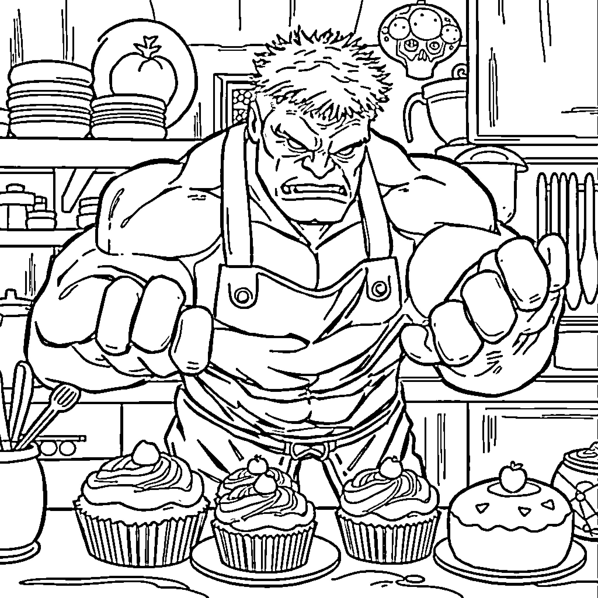 Hulk Wreaking Havoc in a Bakery Coloring Page (free black-and-white line drawing printable PDF for all, from beginners to advanced learners, including children, teens, adults, and seniors)