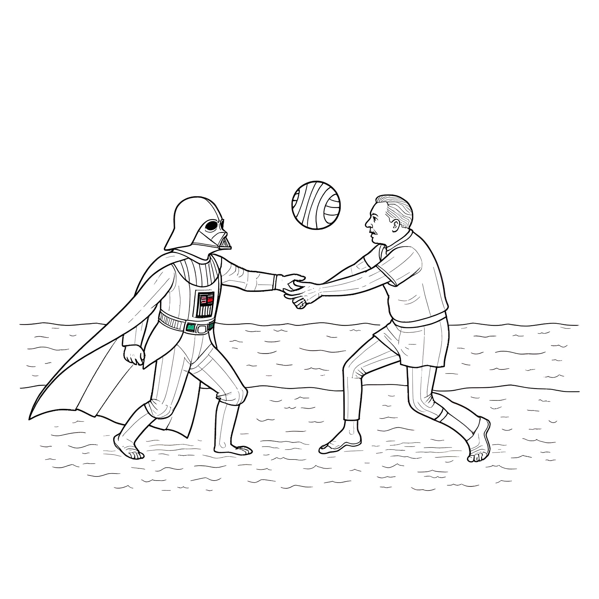 Darth Vader and a man shaking hands in a desert scene Coloring Page (free black-and-white line drawing printable PDF for all, from beginners to advanced learners, including children, teens, adults, and seniors)