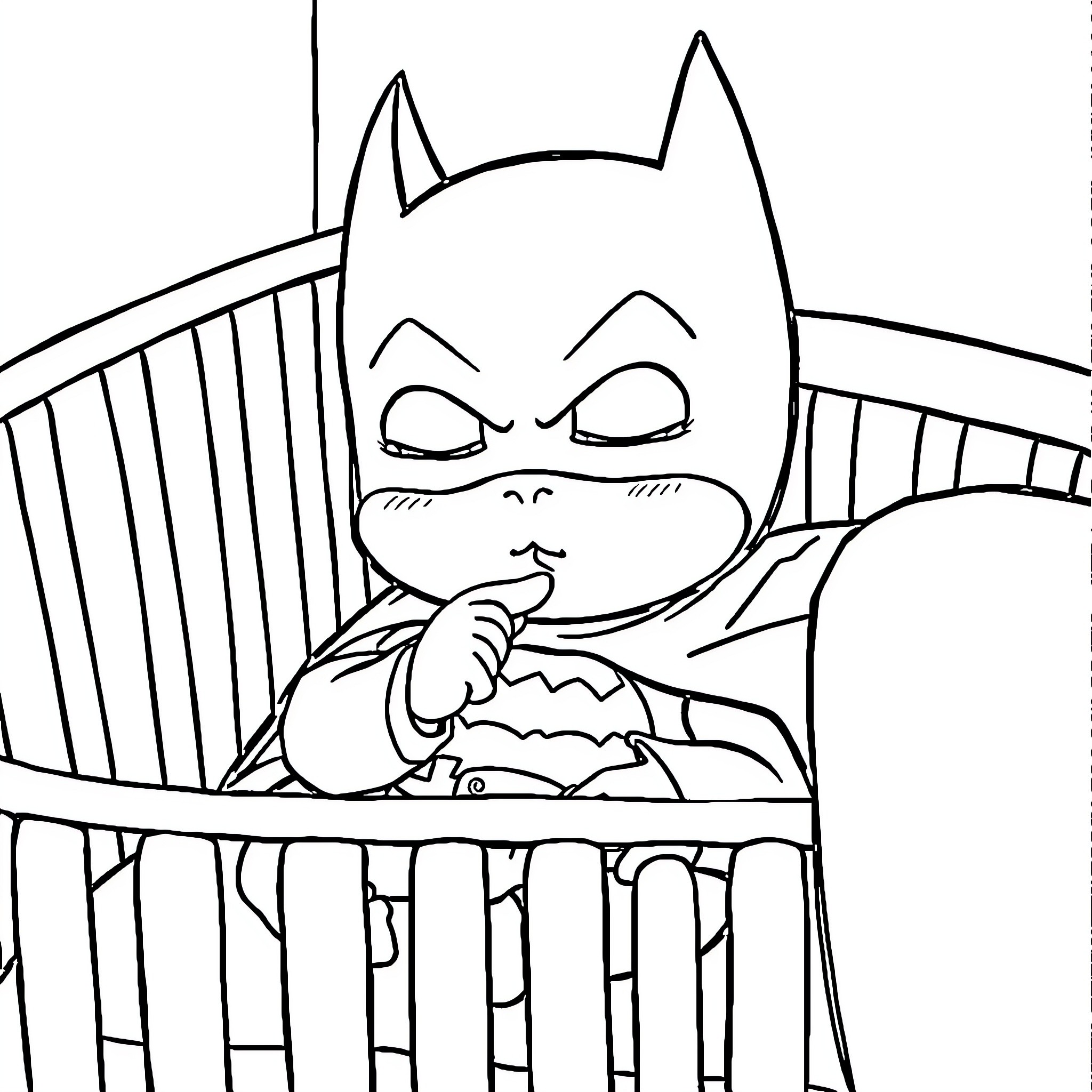 Batman eating a sandwich in a crib Coloring Page (free black-and-white line drawing printable PDF for all, from beginners to advanced learners, including children, teens, adults, and seniors)