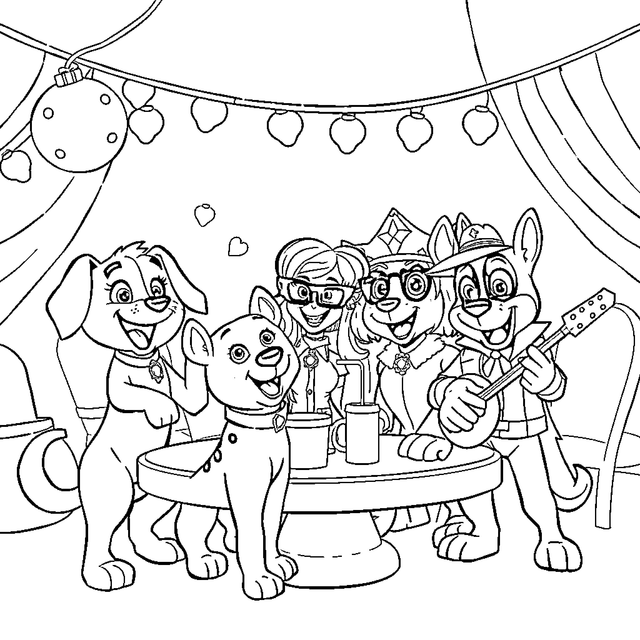 Fiesta with Animated Party Animals Coloring Page (free black-and-white line drawing printable PDF for all, from beginners to advanced learners, including children, teens, adults, and seniors)