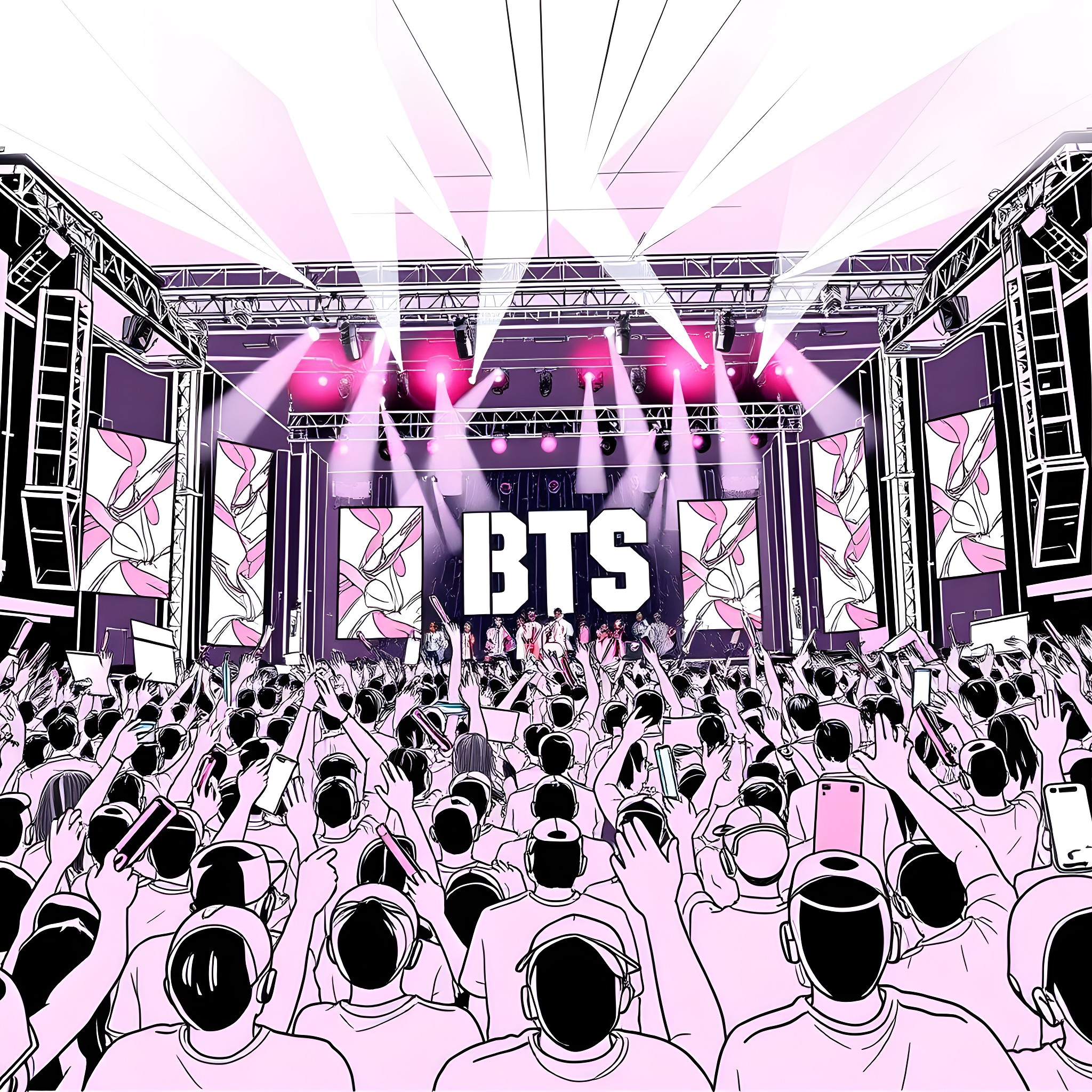 BTS Performing at a Vibrant and Energetic Concert Coloring Page (free black-and-white line drawing printable PDF for all, from beginners to advanced learners, including children, teens, adults, and seniors)