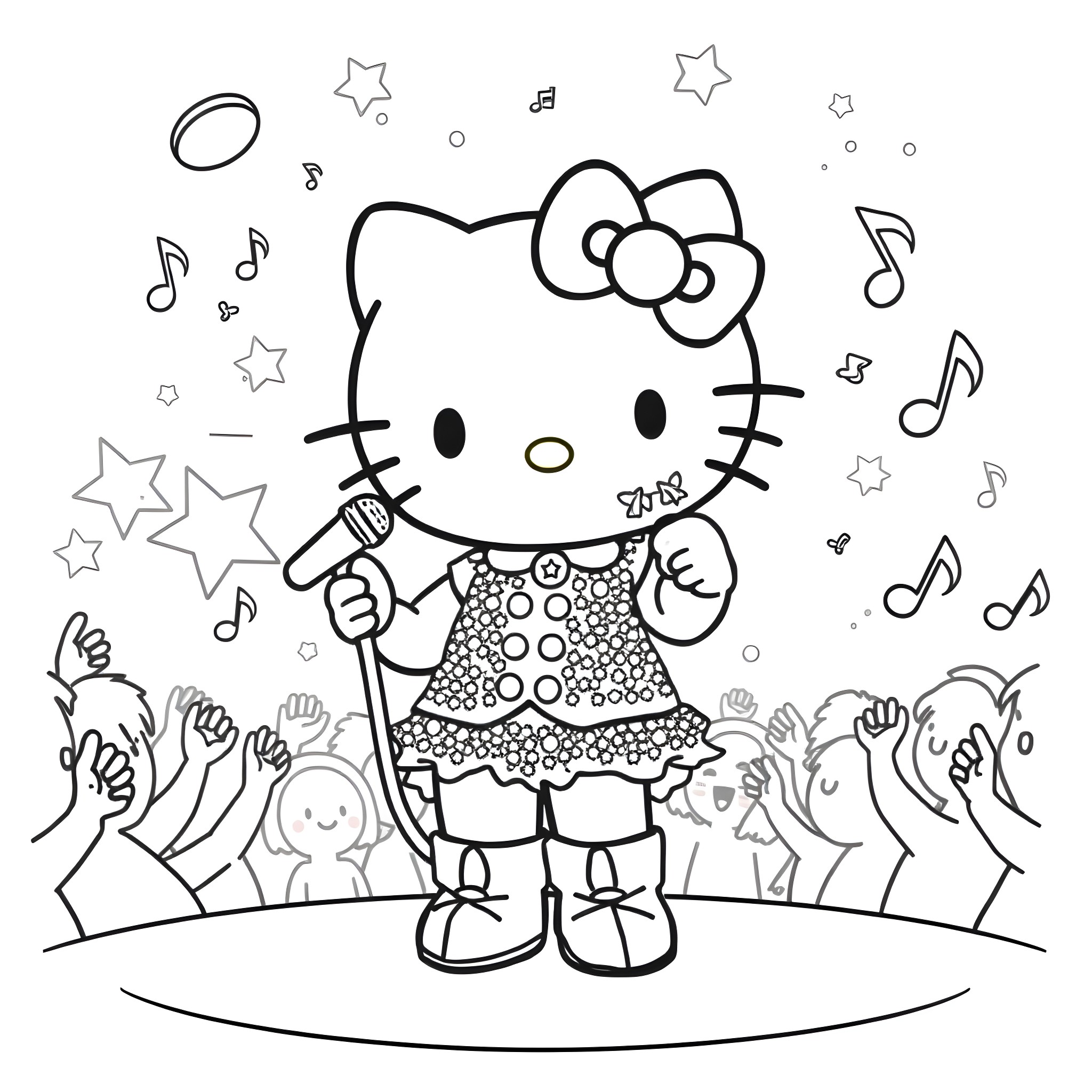 Hello Kitty performing on stage with adoring fans Coloring Page (free black-and-white line drawing printable PDF for all, from beginners to advanced learners, including children, teens, adults, and seniors)
