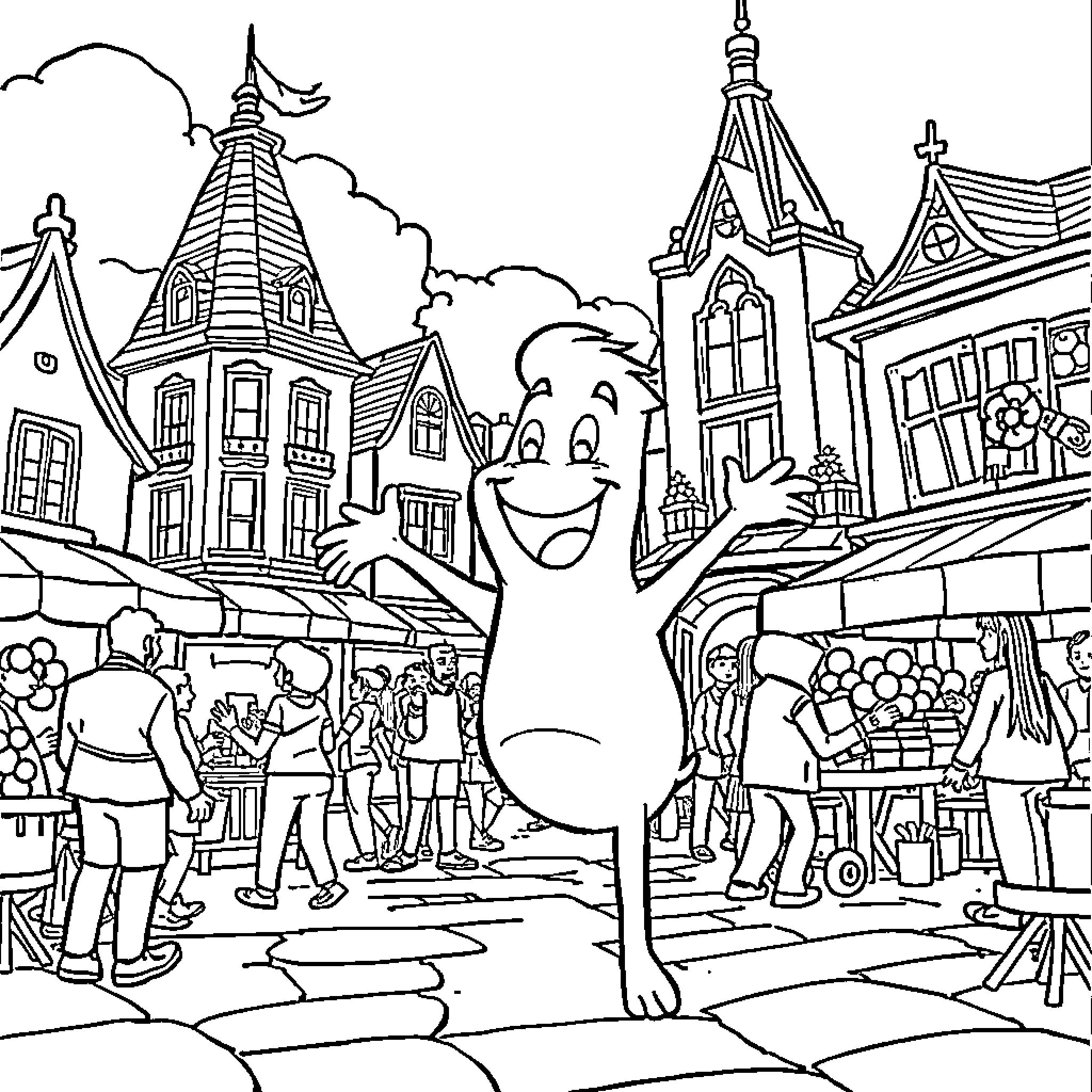 Bob l'éponge explores the bustling town square Coloring Page (free black-and-white line drawing printable PDF for all, from beginners to advanced learners, including children, teens, adults, and seniors)