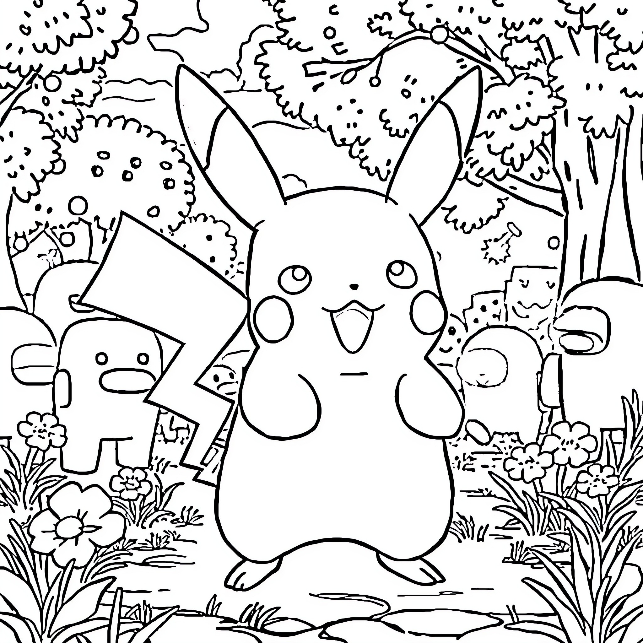 Pikachu playing happily in the forest Coloring Page (free black-and-white line drawing printable PDF for all, from beginners to advanced learners, including children, teens, adults, and seniors)