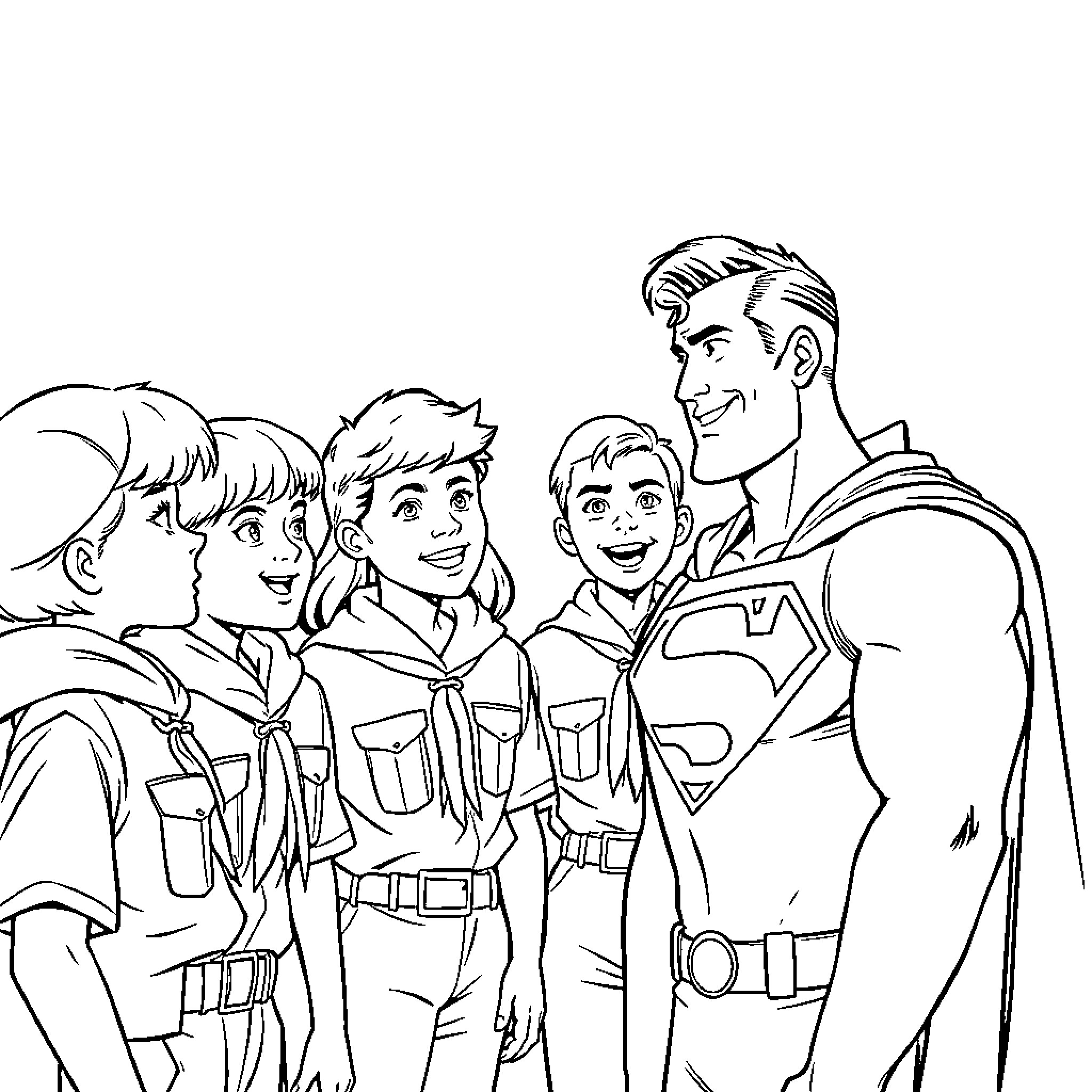 Superman and family in heroic poses Coloring Page (free black-and-white line drawing printable PDF for all, from beginners to advanced learners, including children, teens, adults, and seniors)