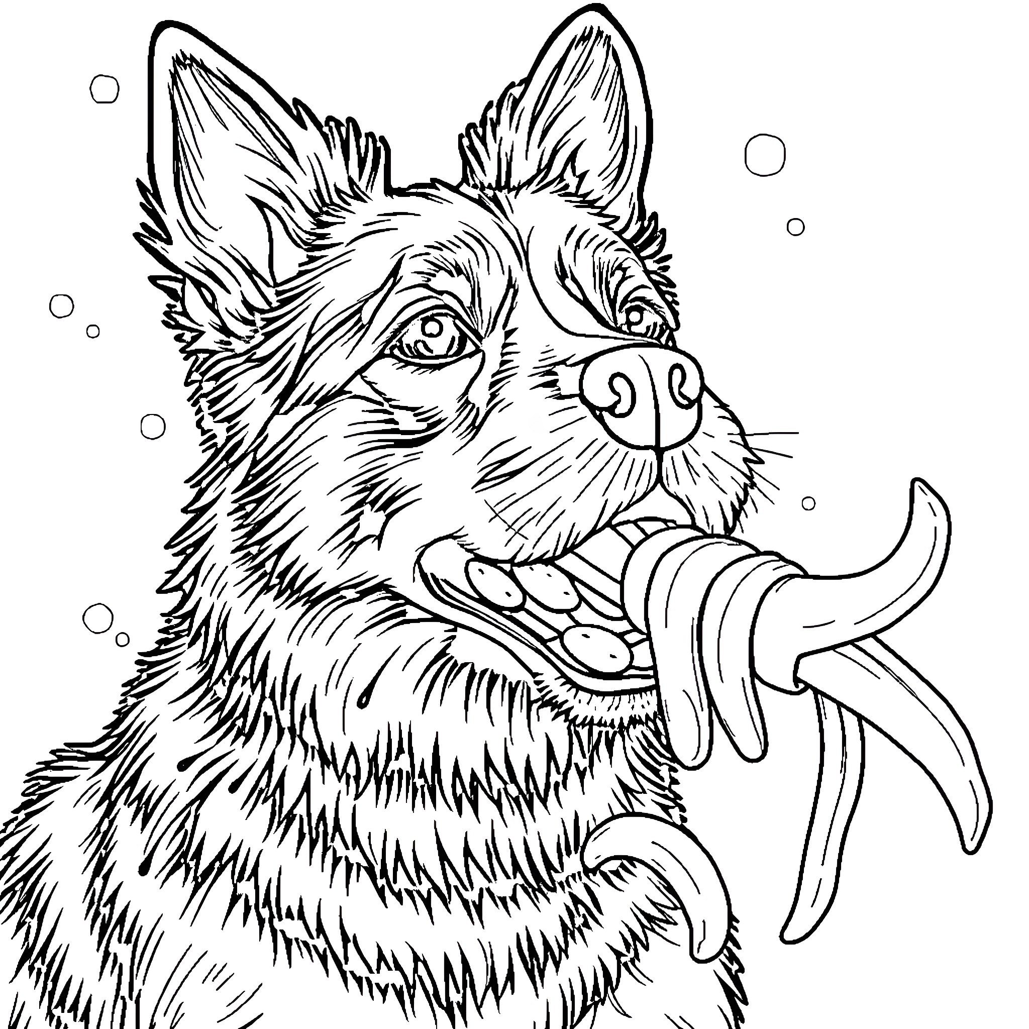 Perro playing with banana in the snow Coloring Page (free black-and-white line drawing printable PDF for all, from beginners to advanced learners, including children, teens, adults, and seniors)