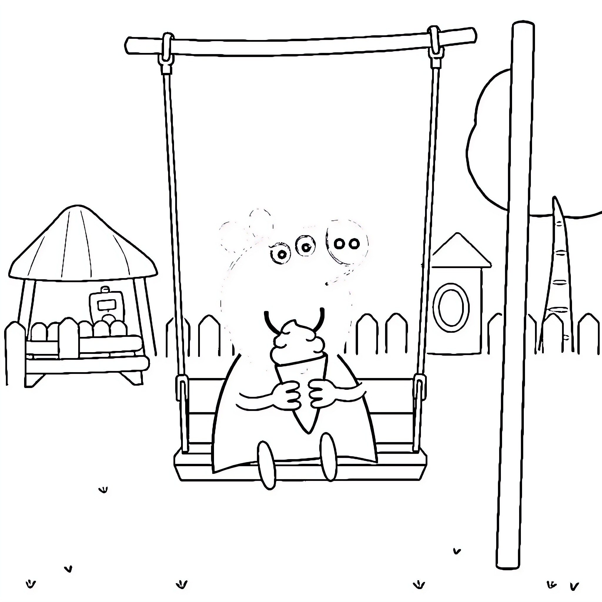 Peppa Pig enjoying the playground swing Coloring Page (free black-and-white line drawing printable PDF for all, from beginners to advanced learners, including children, teens, adults, and seniors)