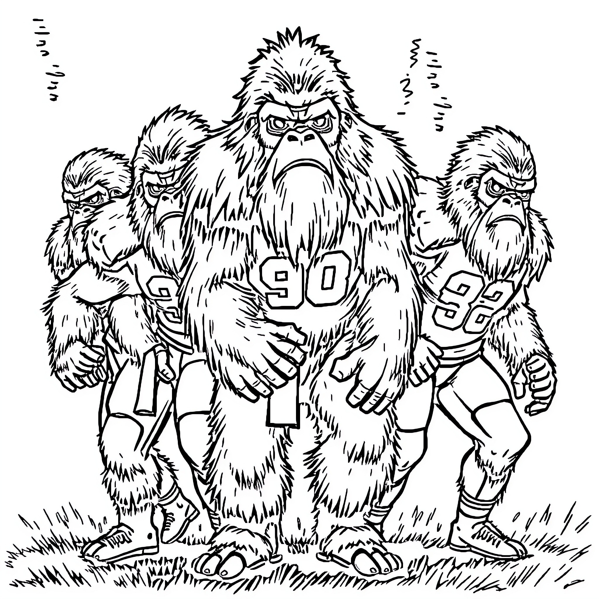 Bigfoot football players in formation Coloring Page (free black-and-white line drawing printable PDF for all, from beginners to advanced learners, including children, teens, adults, and seniors)