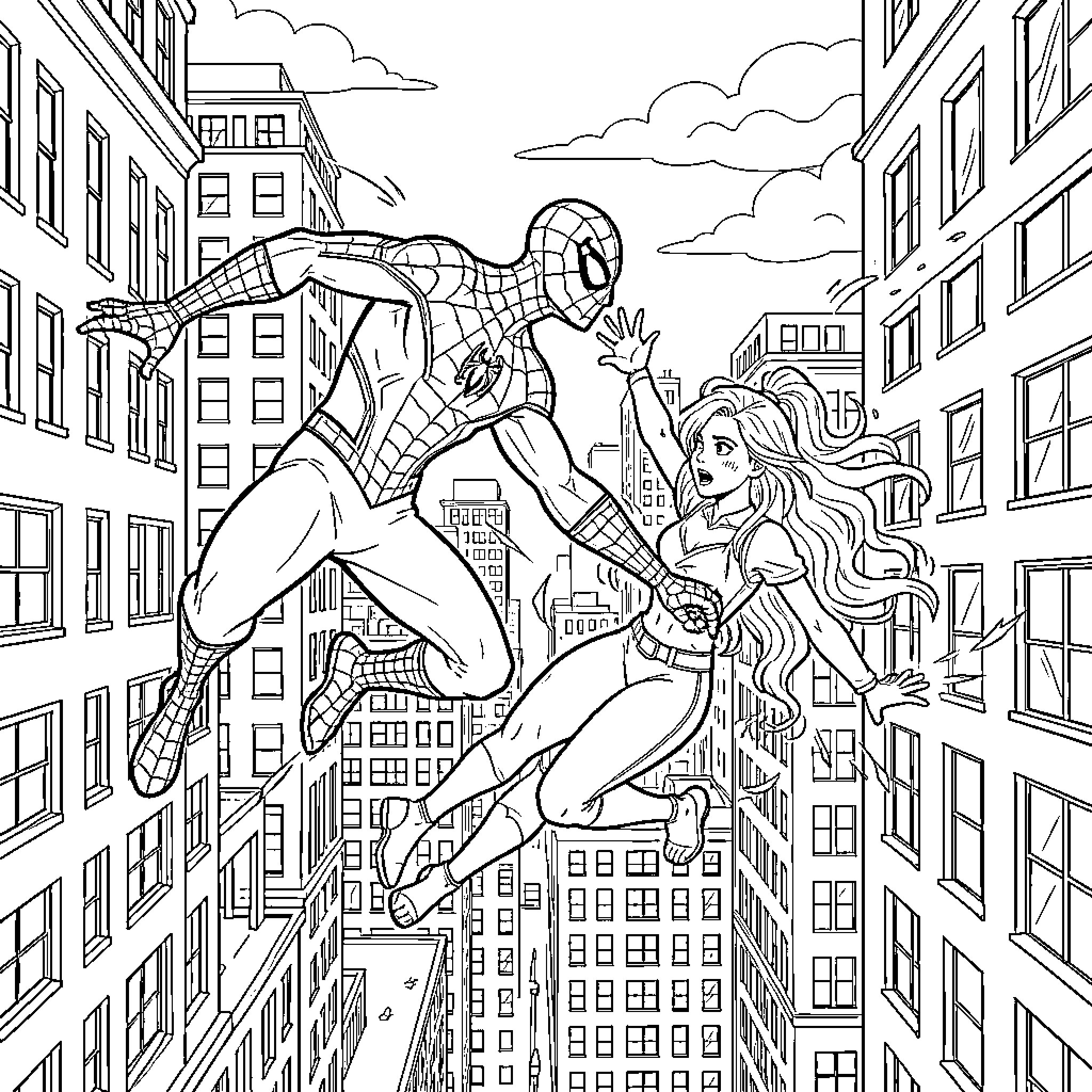 Homem-Aranha saving a woman falling between skyscrapers Coloring Page (free black-and-white line drawing printable PDF for all, from beginners to advanced learners, including children, teens, adults, and seniors)