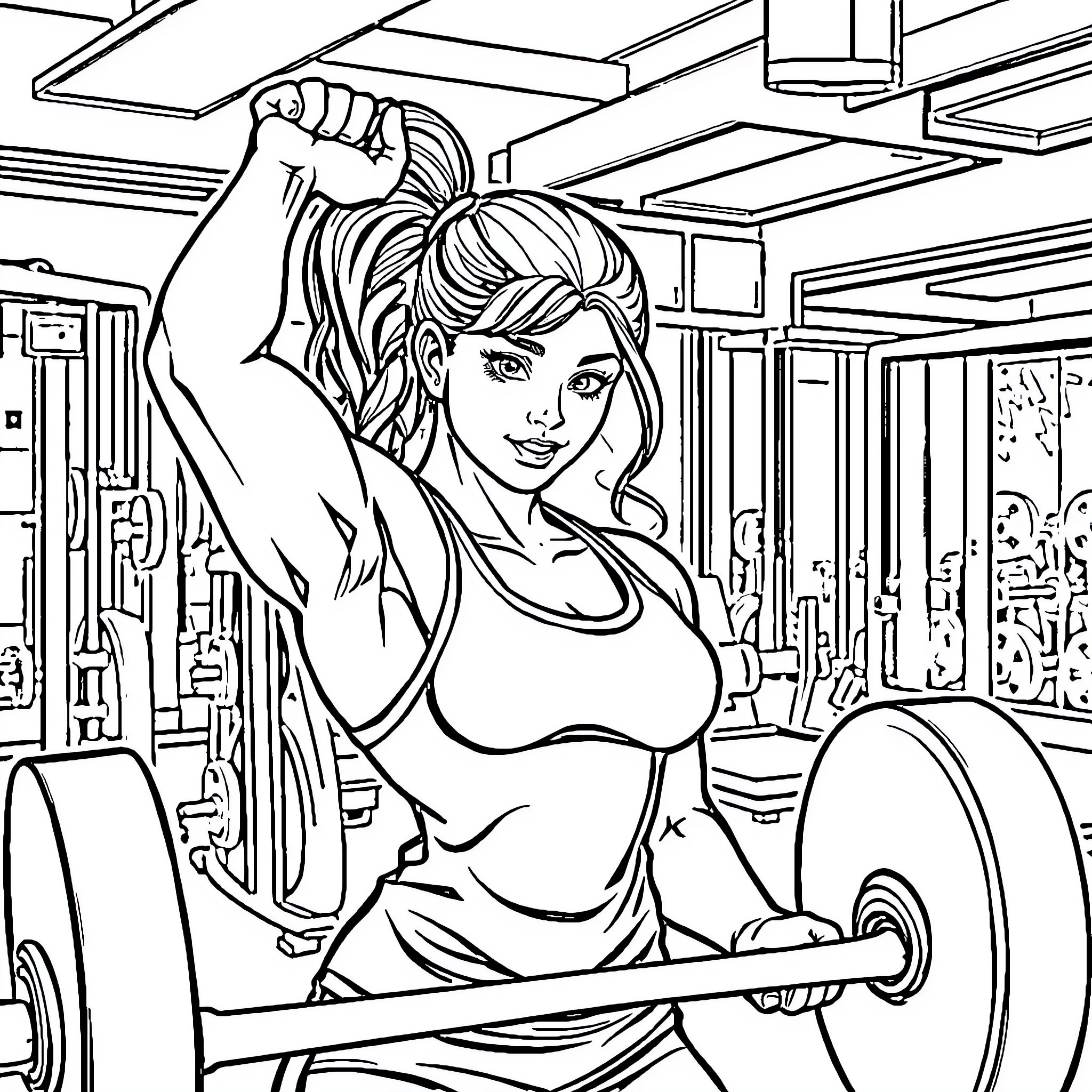 Girl working out at the gym Coloring Page (free black-and-white line drawing printable PDF for all, from beginners to advanced learners, including children, teens, adults, and seniors)