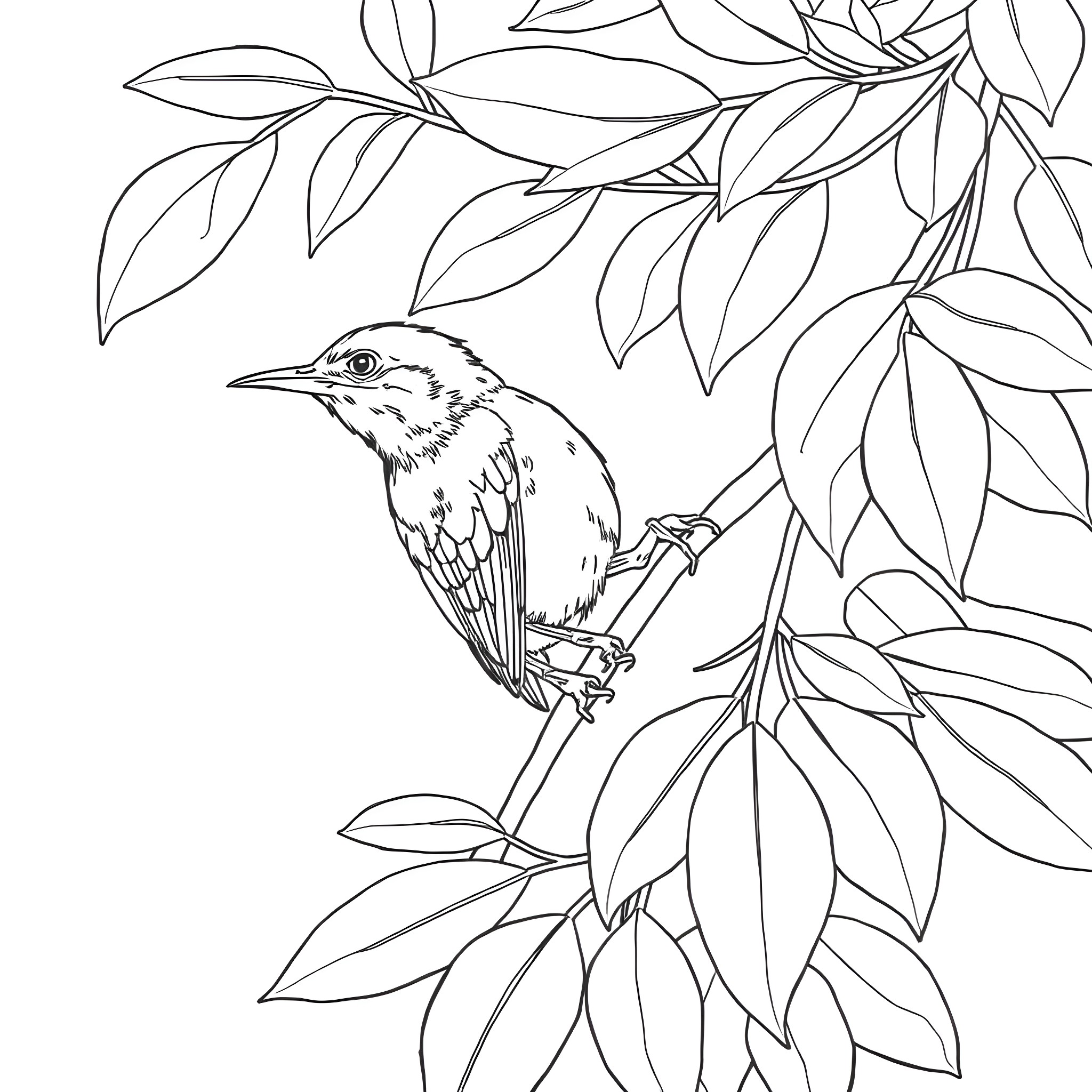 Setophaga Petechia: Bird perching on lush foliage Coloring Page (free black-and-white line drawing printable PDF for all, from beginners to advanced learners, including children, teens, adults, and seniors)
