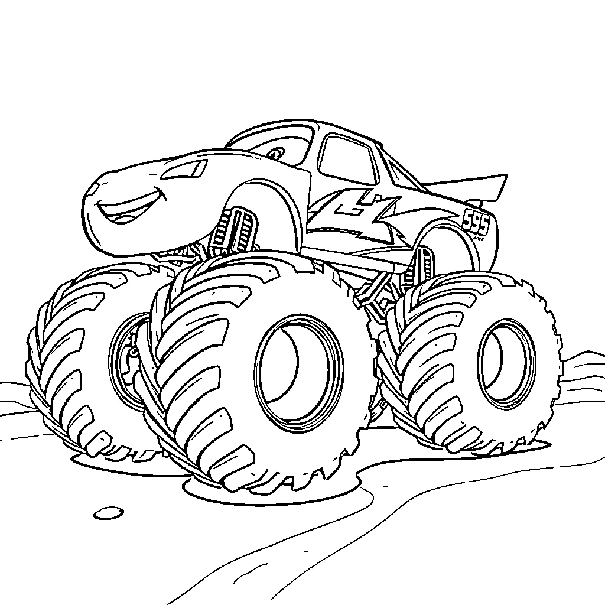 Lightning McQueen's Monster Truck Adventure Coloring Page (free black-and-white line drawing printable PDF for all, from beginners to advanced learners, including children, teens, adults, and seniors)
