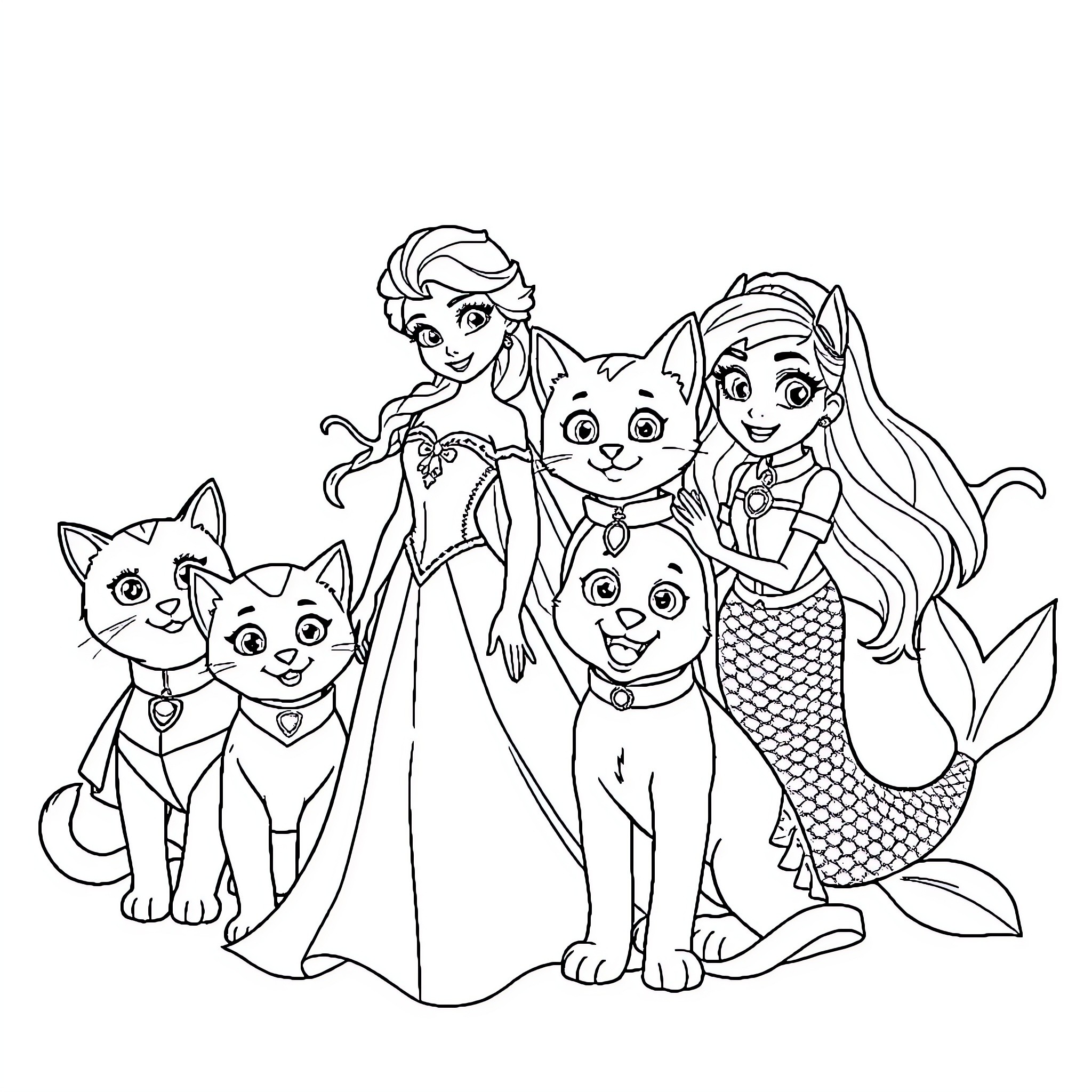 Character Posing with Mythical Creatures in Costume Coloring Page (free black-and-white line drawing printable PDF for all, from beginners to advanced learners, including children, teens, adults, and seniors)