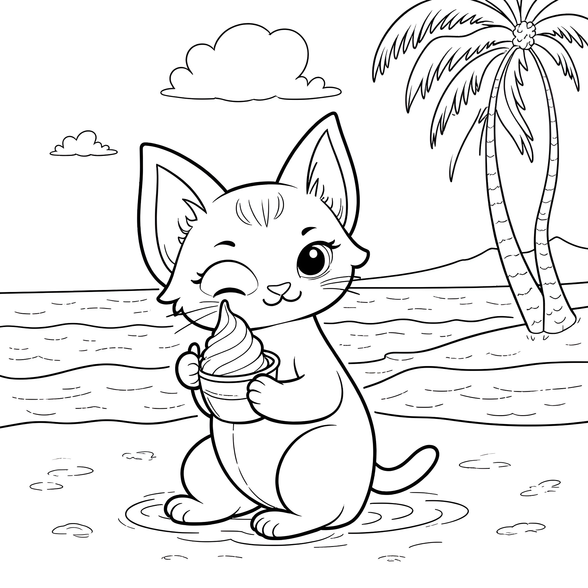 Cat enjoying an ice cream on the beach Coloring Page (free black-and-white line drawing printable PDF for all, from beginners to advanced learners, including children, teens, adults, and seniors)