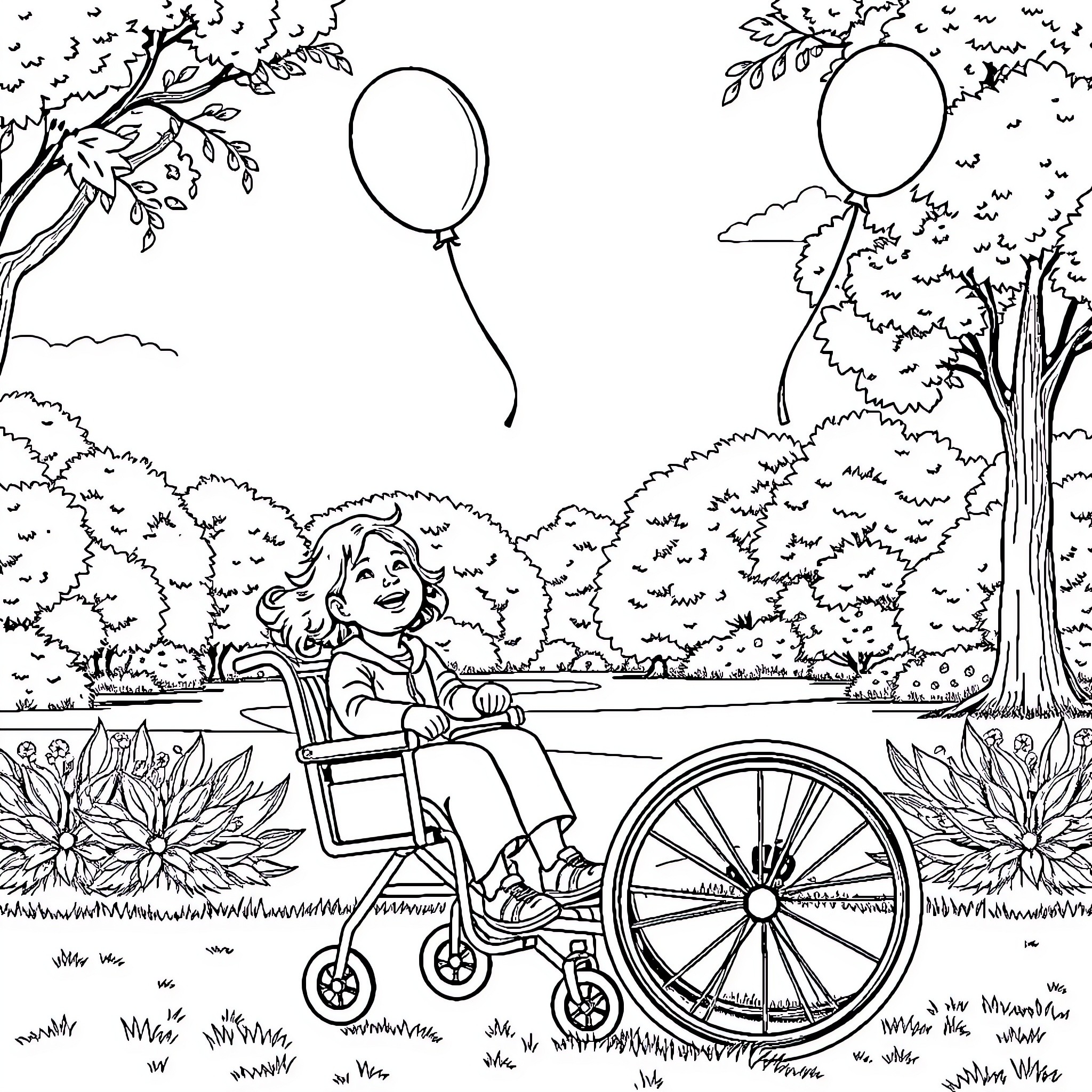 Child in wheelchair playing outdoors with balloons Coloring Page (free black-and-white line drawing printable PDF for all, from beginners to advanced learners, including children, teens, adults, and seniors)