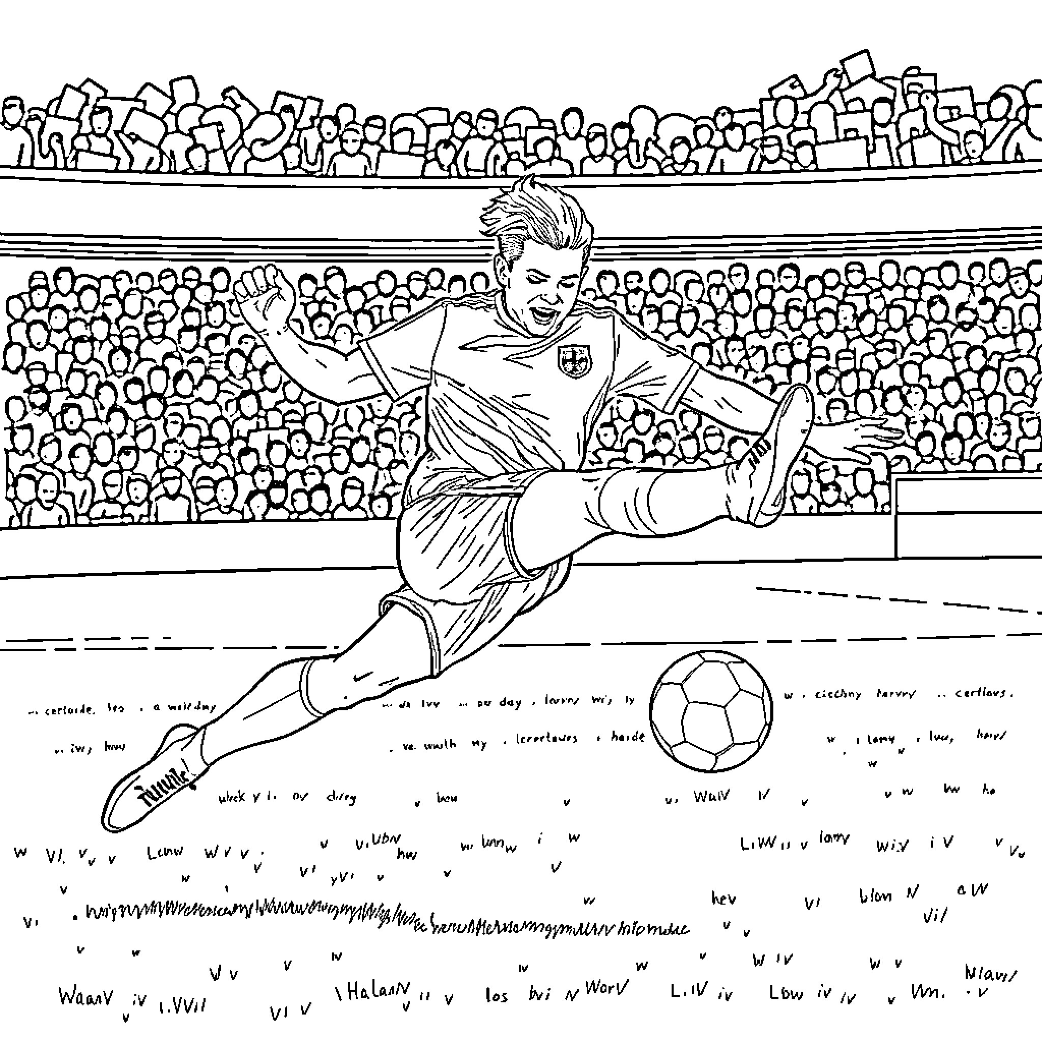 Haaland scoring a goal in a soccer match Coloring Page (free black-and-white line drawing printable PDF for all, from beginners to advanced learners, including children, teens, adults, and seniors)