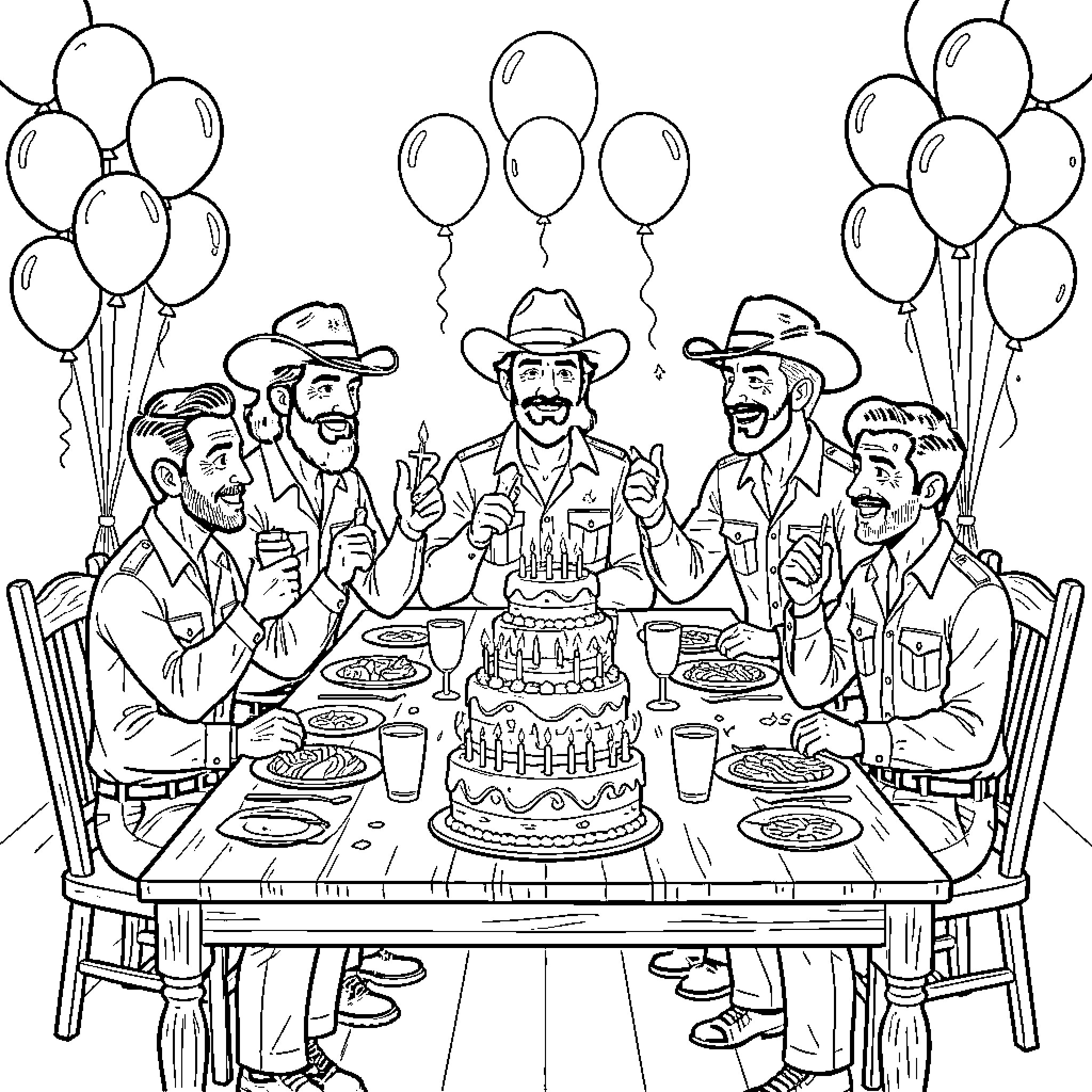 Dalton Brothers celebrating a birthday around a cake Coloring Page (free black-and-white line drawing printable PDF for all, from beginners to advanced learners, including children, teens, adults, and seniors)