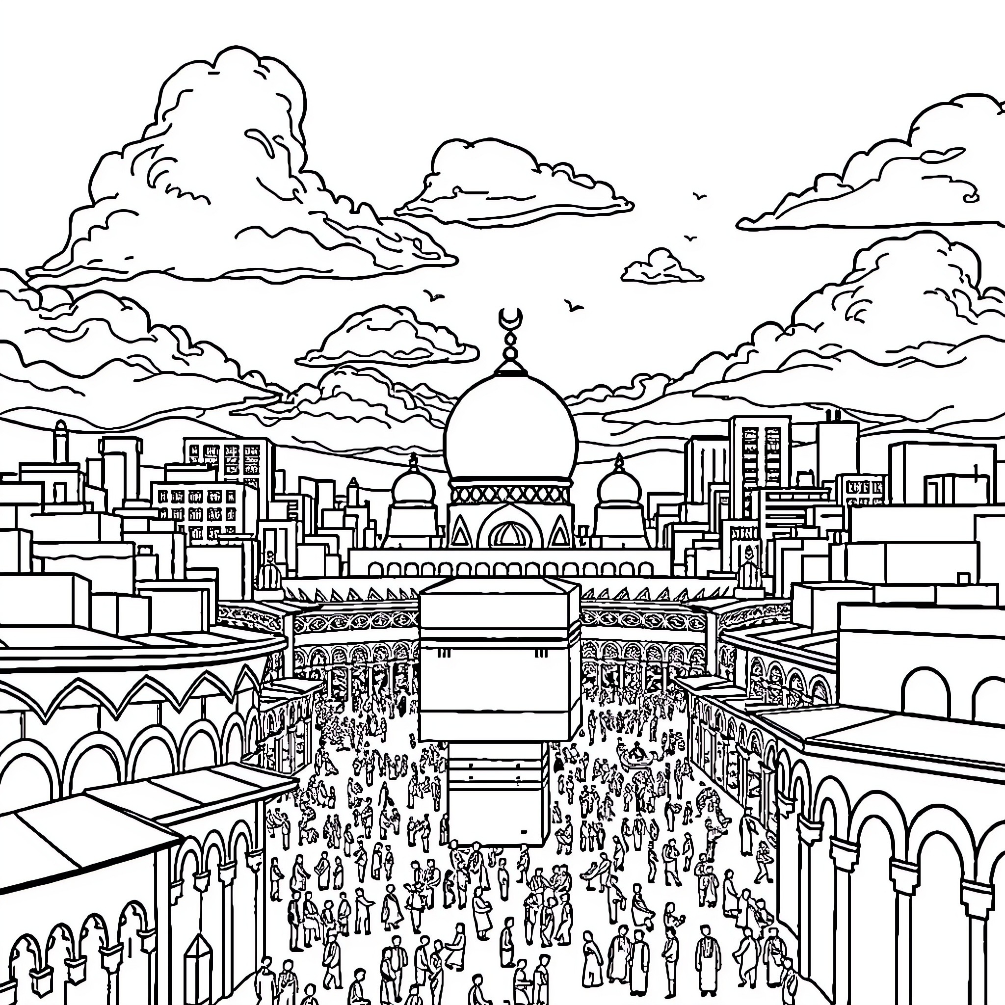 Mecqque: Bustling Pilgrimage to the Sacred Site Coloring Page (free black-and-white line drawing printable PDF for all, from beginners to advanced learners, including children, teens, adults, and seniors)