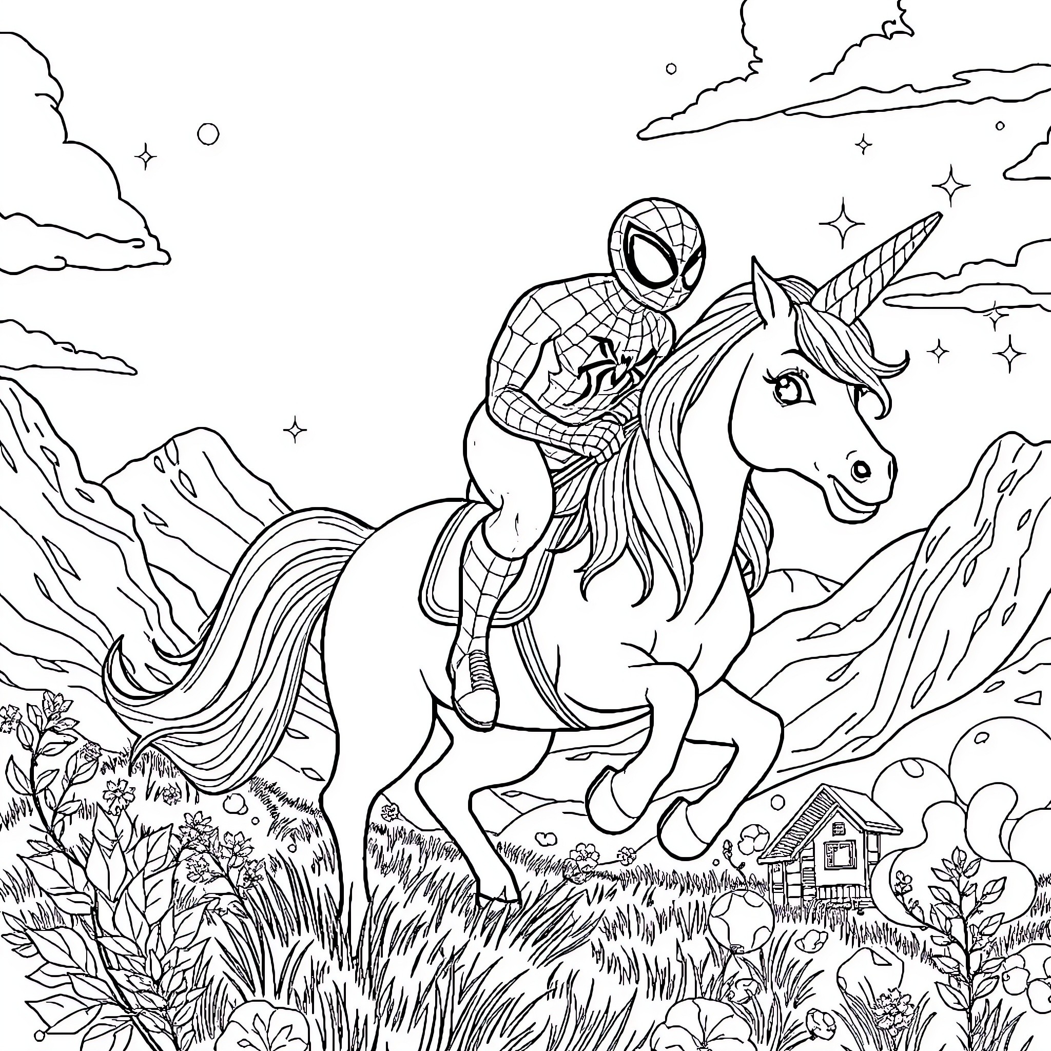 Spiderman riding a magical unicorn in a fantastical landscape Coloring Page (free black-and-white line drawing printable PDF for all, from beginners to advanced learners, including children, teens, adults, and seniors)