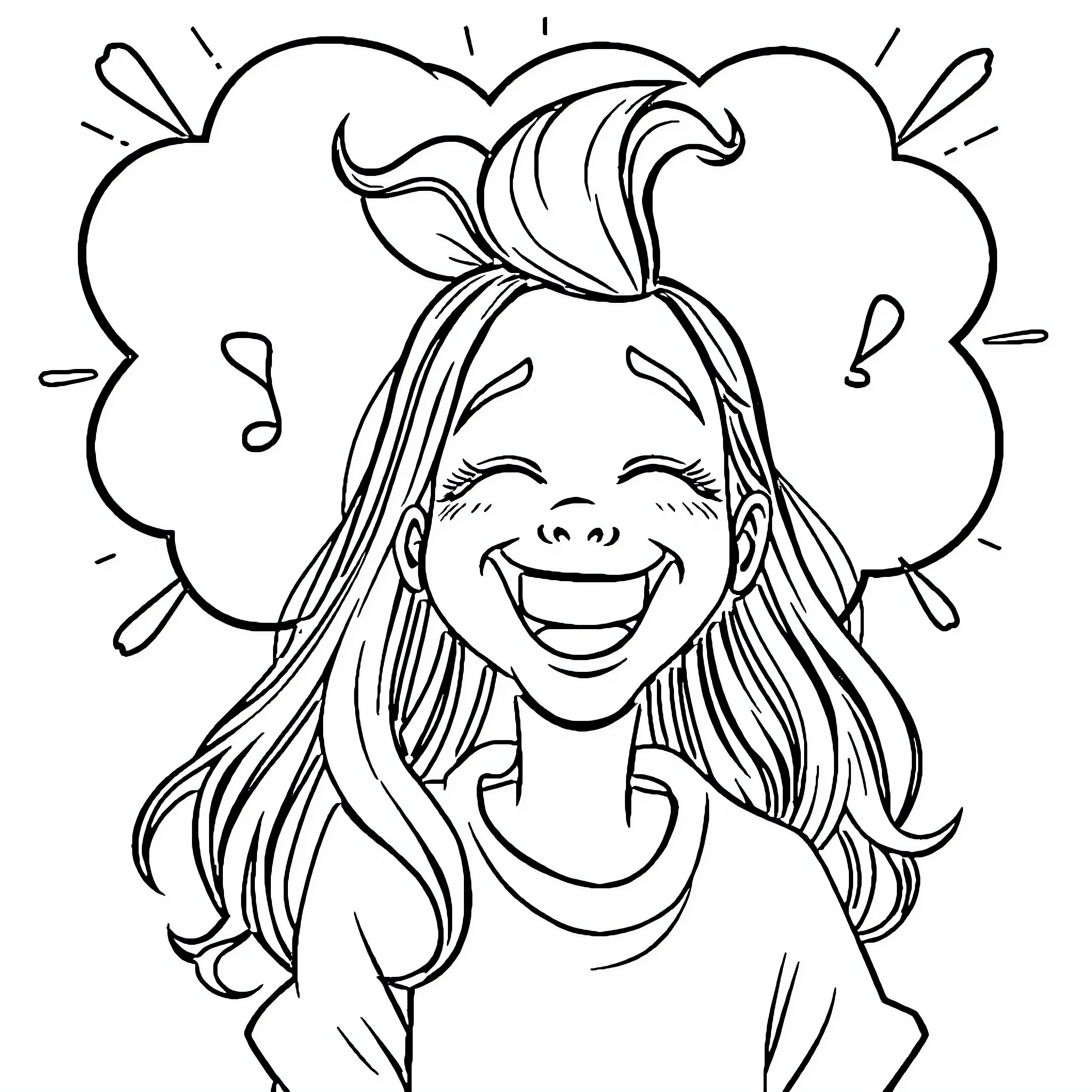 Girl laughing joyfully with flowing hair Coloring Page (free black-and-white line drawing printable PDF for all, from beginners to advanced learners, including children, teens, adults, and seniors)