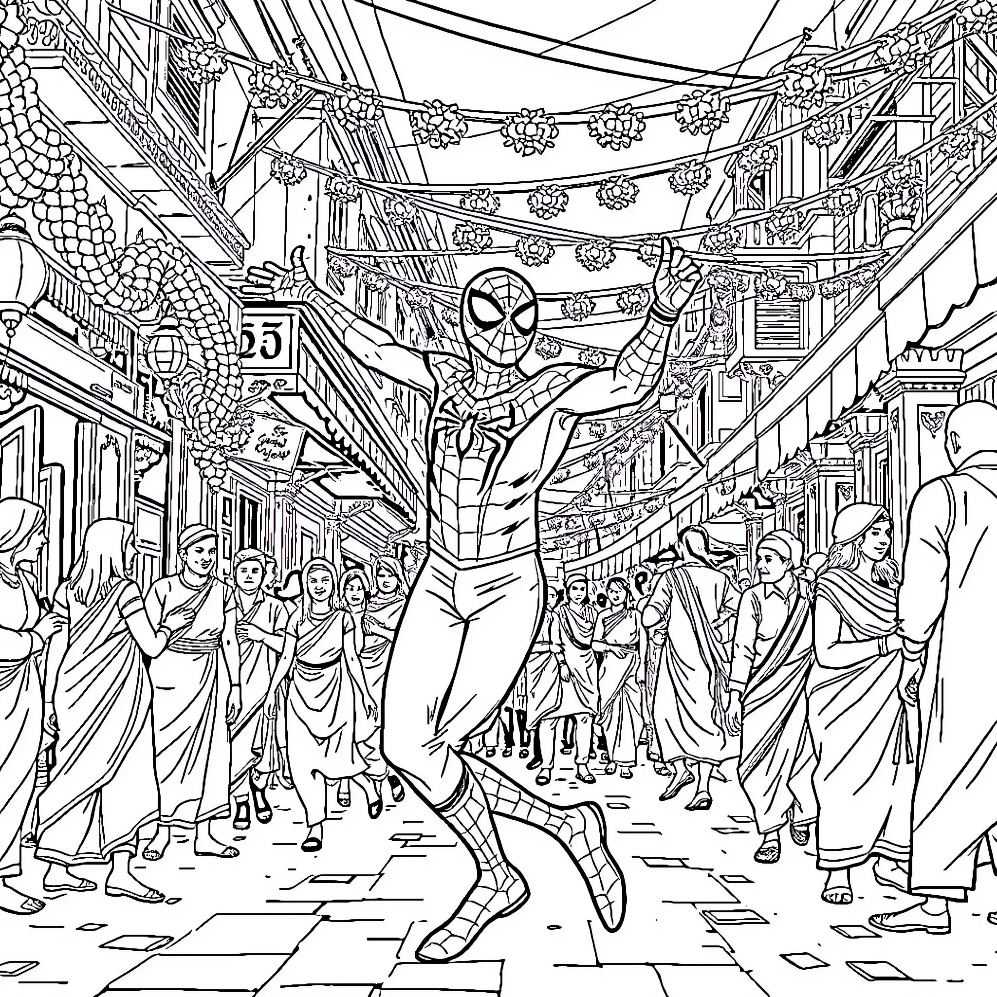 Spider-Man leaps through a lively city street Coloring Page (free black-and-white line drawing printable PDF for all, from beginners to advanced learners, including children, teens, adults, and seniors)