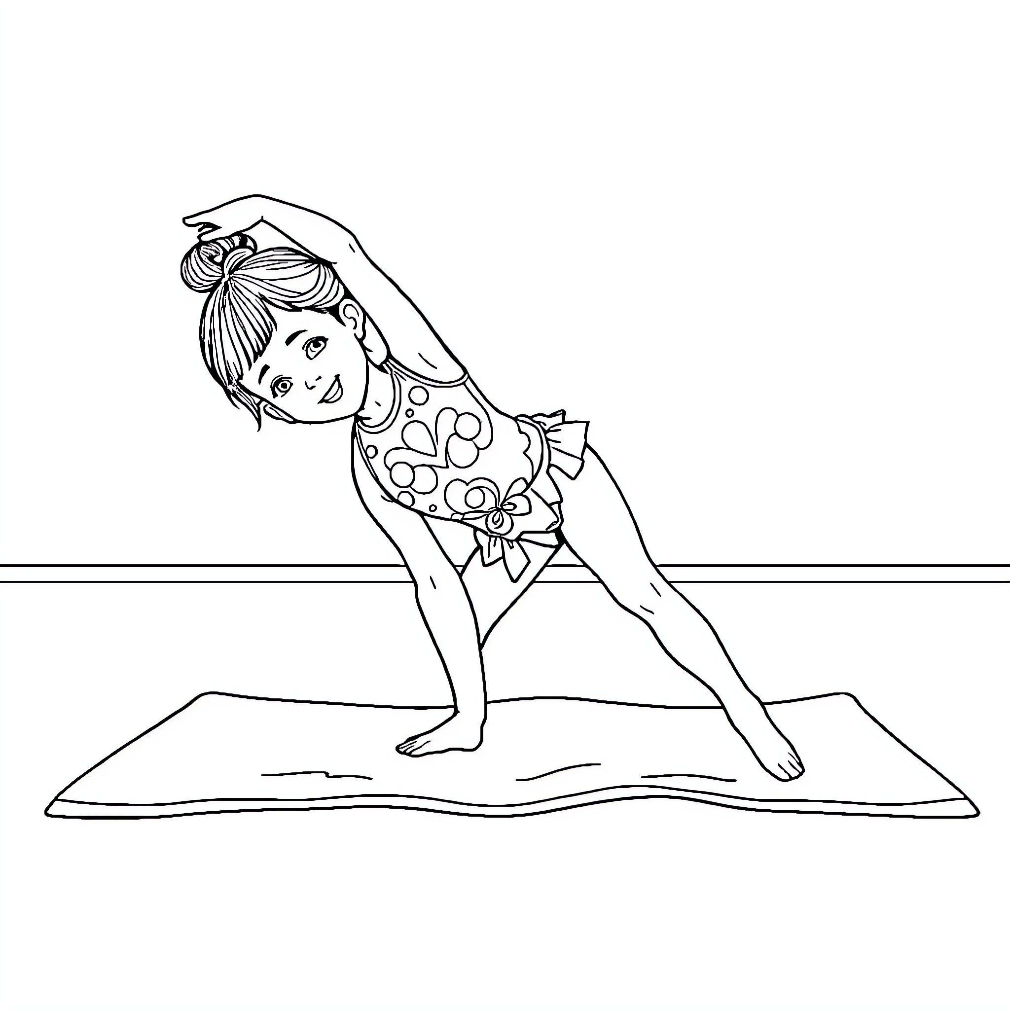 Girl practicing yoga in polka dot outfit Coloring Page (free black-and-white line drawing printable PDF for all, from beginners to advanced learners, including children, teens, adults, and seniors)