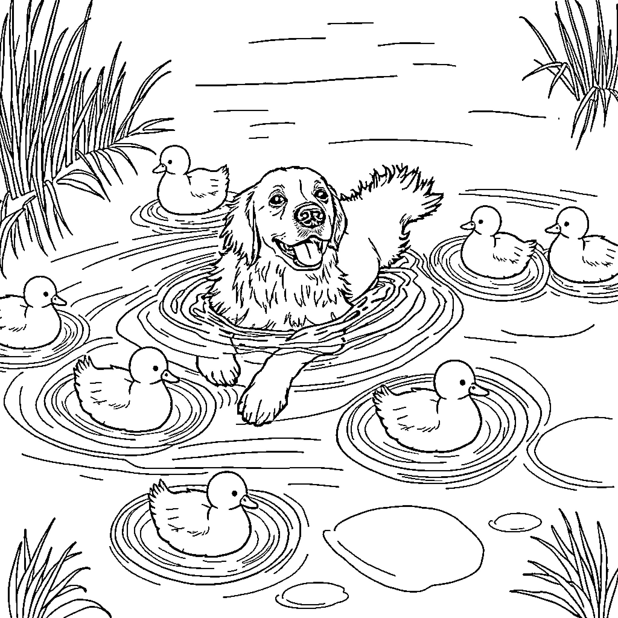 Golden Retriever playing with ducklings in pond Coloring Page (free black-and-white line drawing printable PDF for all, from beginners to advanced learners, including children, teens, adults, and seniors)