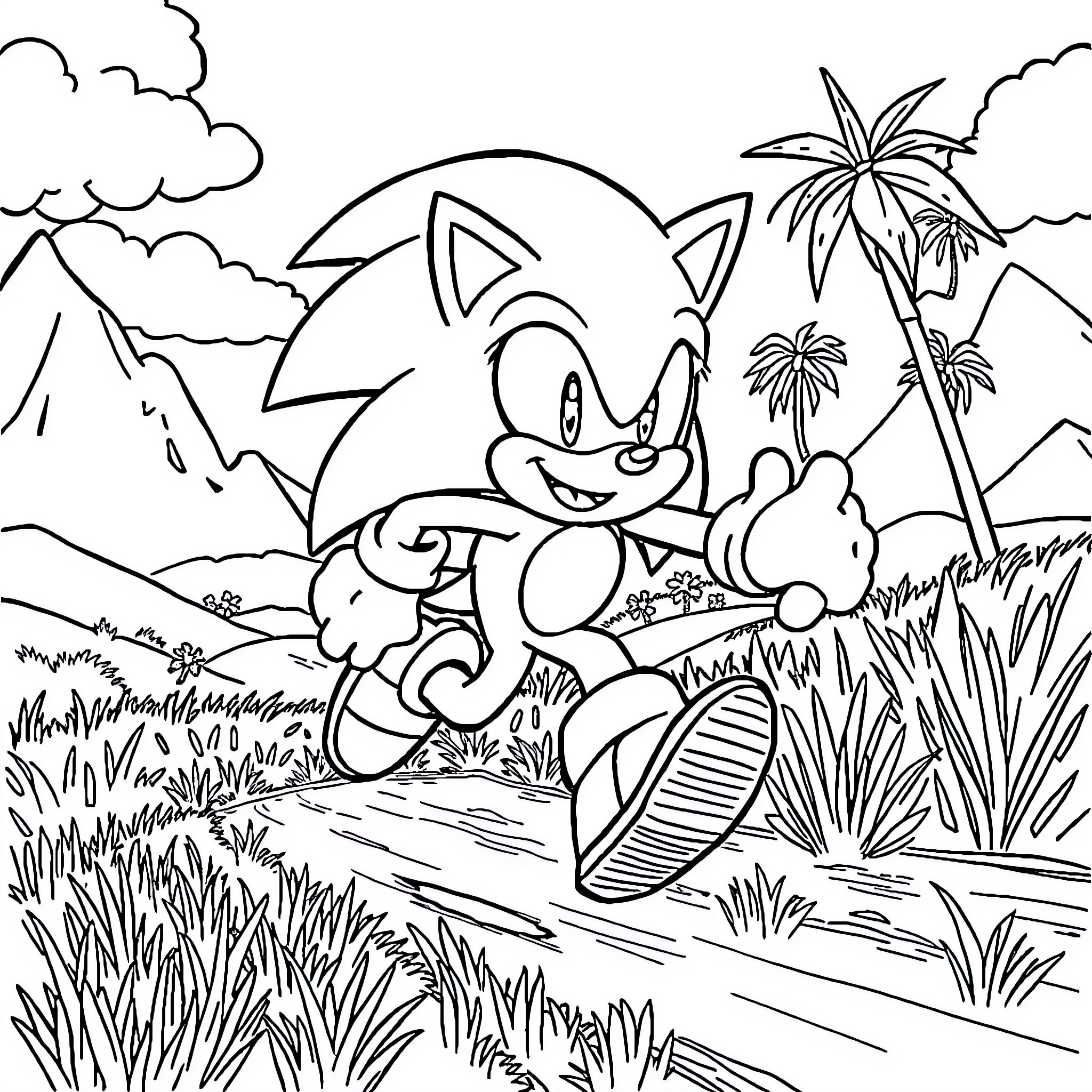 Sonic exploring a tropical landscape Coloring Page (free black-and-white line drawing printable PDF for all, from beginners to advanced learners, including children, teens, adults, and seniors)