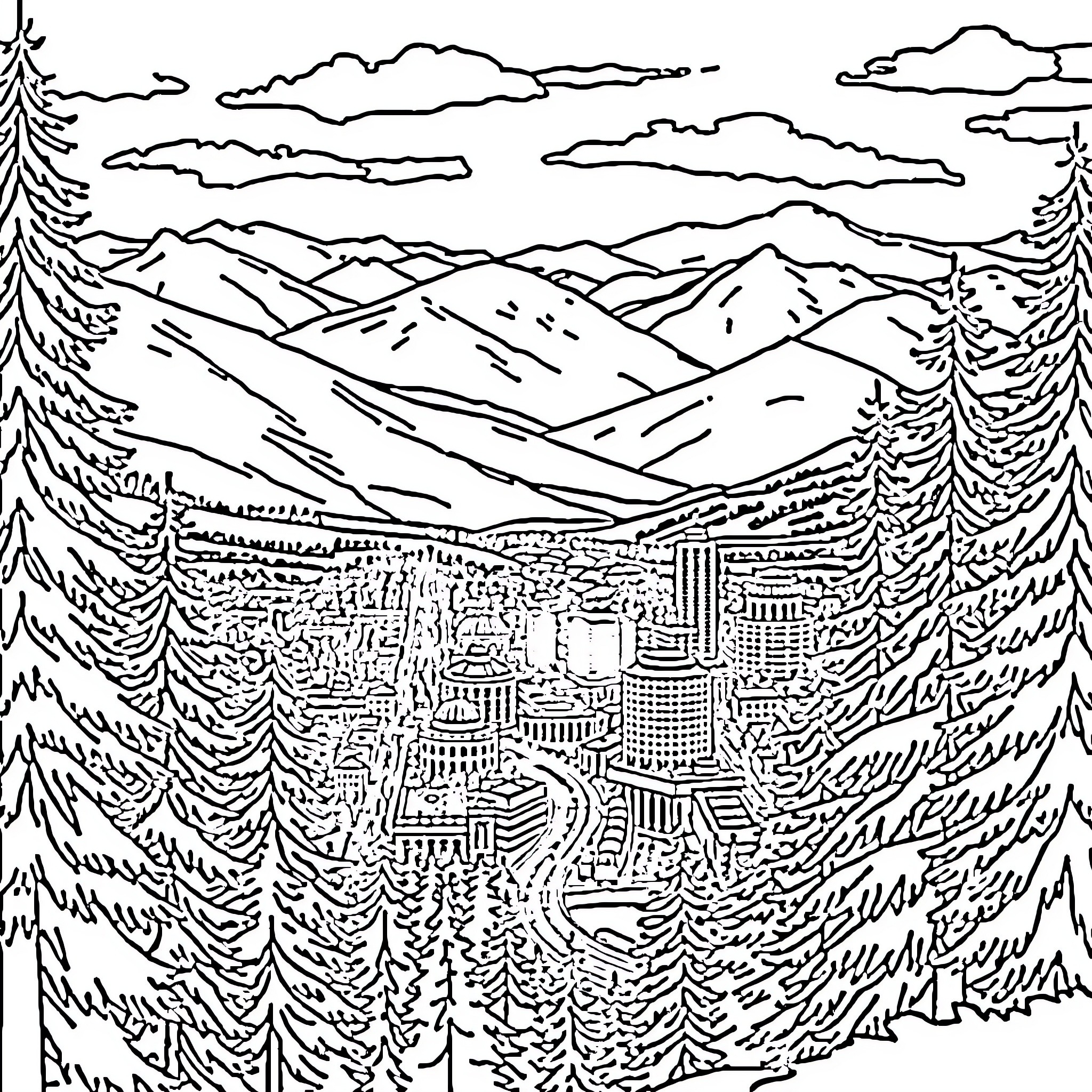 Kamloops cityscape surrounded by snowy mountains and forests Coloring Page (free black-and-white line drawing printable PDF for all, from beginners to advanced learners, including children, teens, adults, and seniors)