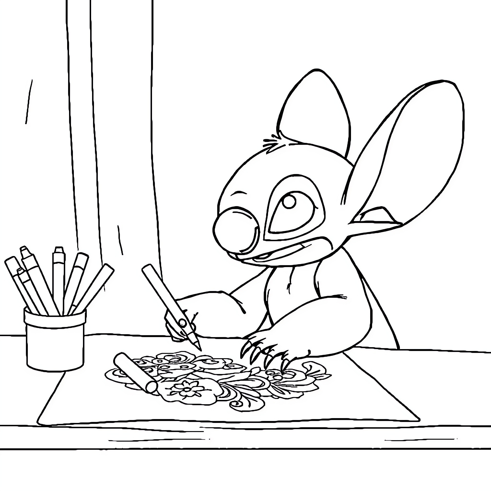 Stitch drawing a colorful design Coloring Page (free black-and-white line drawing printable PDF for all, from beginners to advanced learners, including children, teens, adults, and seniors)