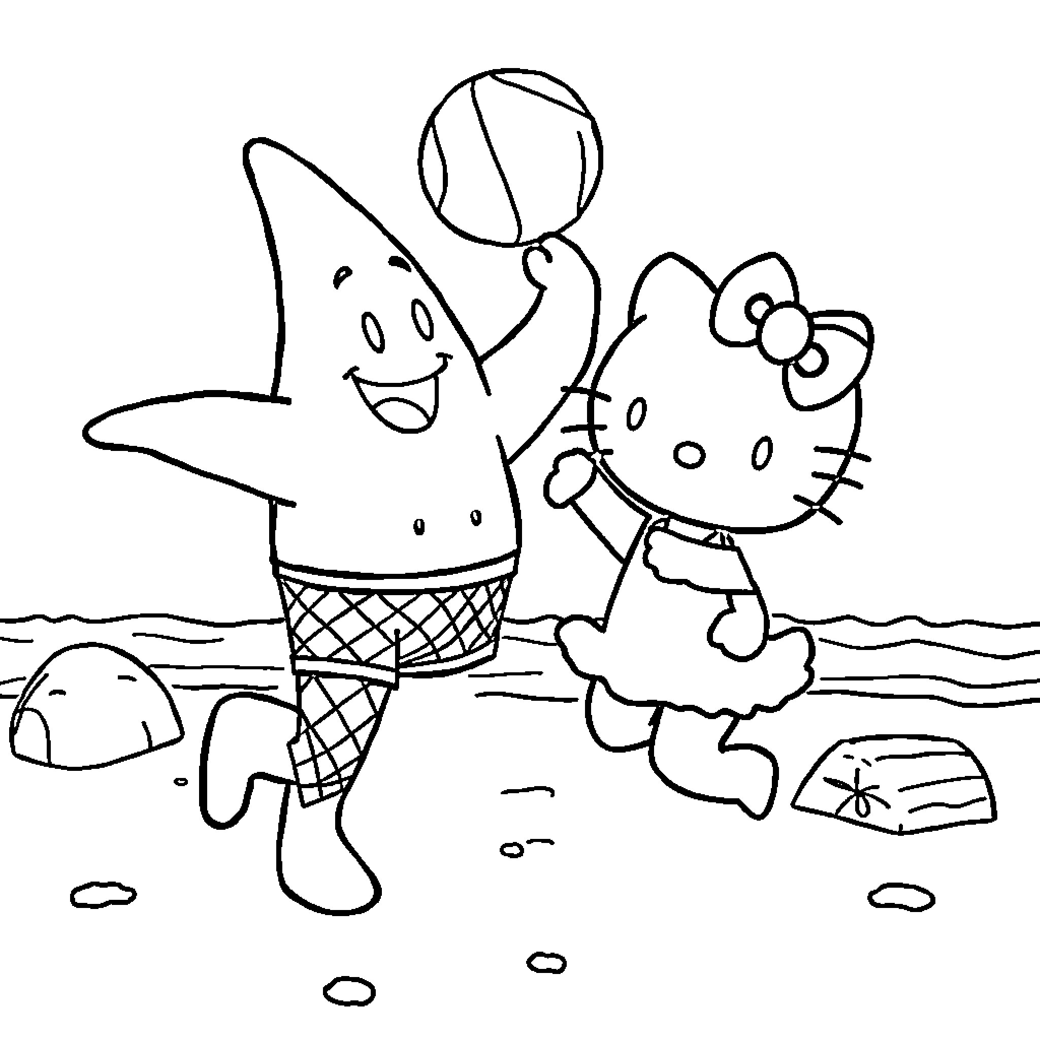 Patrick Star and Hello Kitty playing on the beach Coloring Page (free black-and-white line drawing printable PDF for all, from beginners to advanced learners, including children, teens, adults, and seniors)