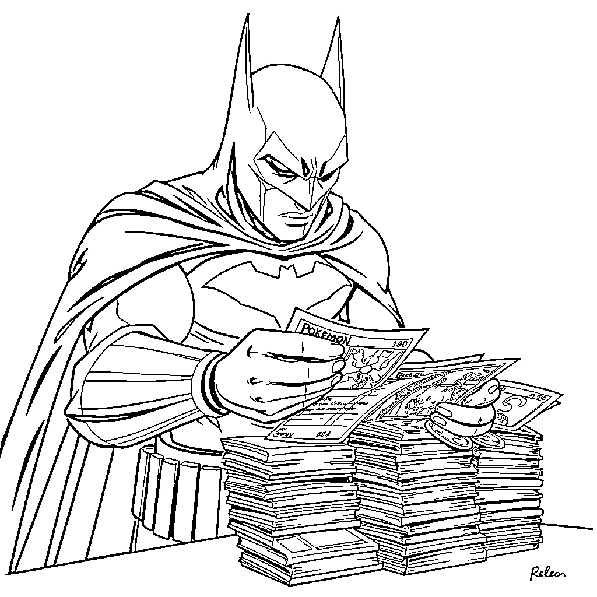 Batman reading stacks of comics intently Coloring Page (free black-and-white line drawing printable PDF for all, from beginners to advanced learners, including children, teens, adults, and seniors)