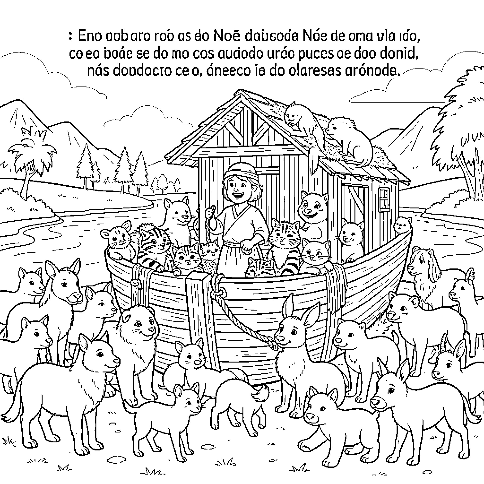 Noah standing by an ark surrounded by many animals Coloring Page (free black-and-white line drawing printable PDF for all, from beginners to advanced learners, including children, teens, adults, and seniors)