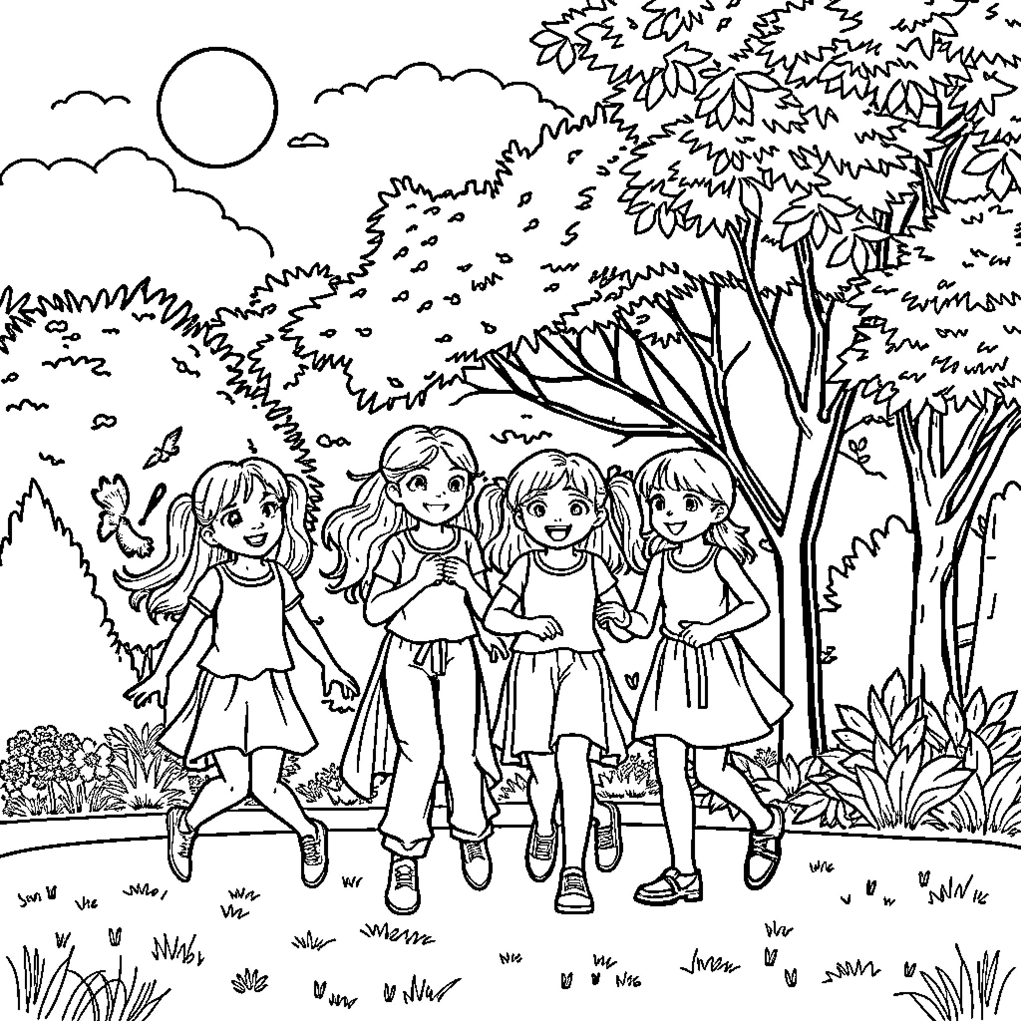 Girl Friends Exploring the Enchanted Forest Coloring Page (free black-and-white line drawing printable PDF for all, from beginners to advanced learners, including children, teens, adults, and seniors)