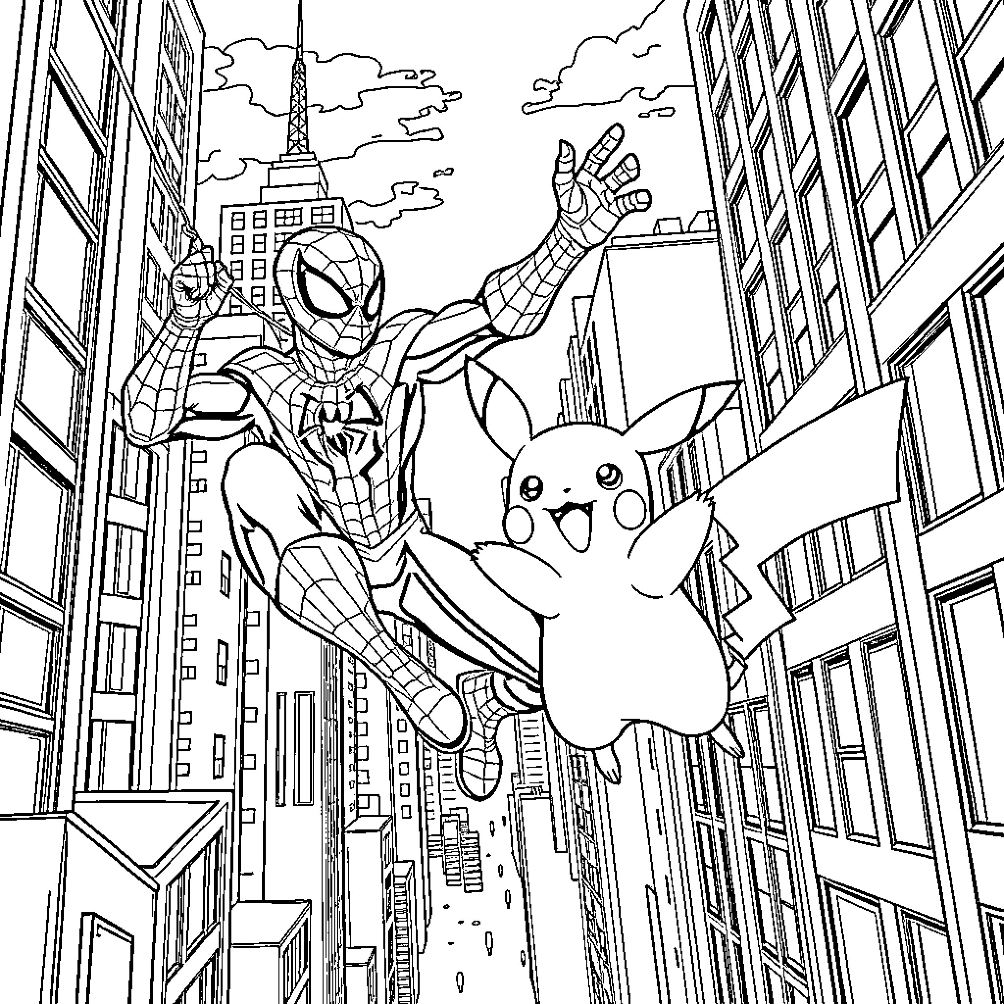 Spiderman and Pikachu in an action-packed cityscape Coloring Page (free black-and-white line drawing printable PDF for all, from beginners to advanced learners, including children, teens, adults, and seniors)