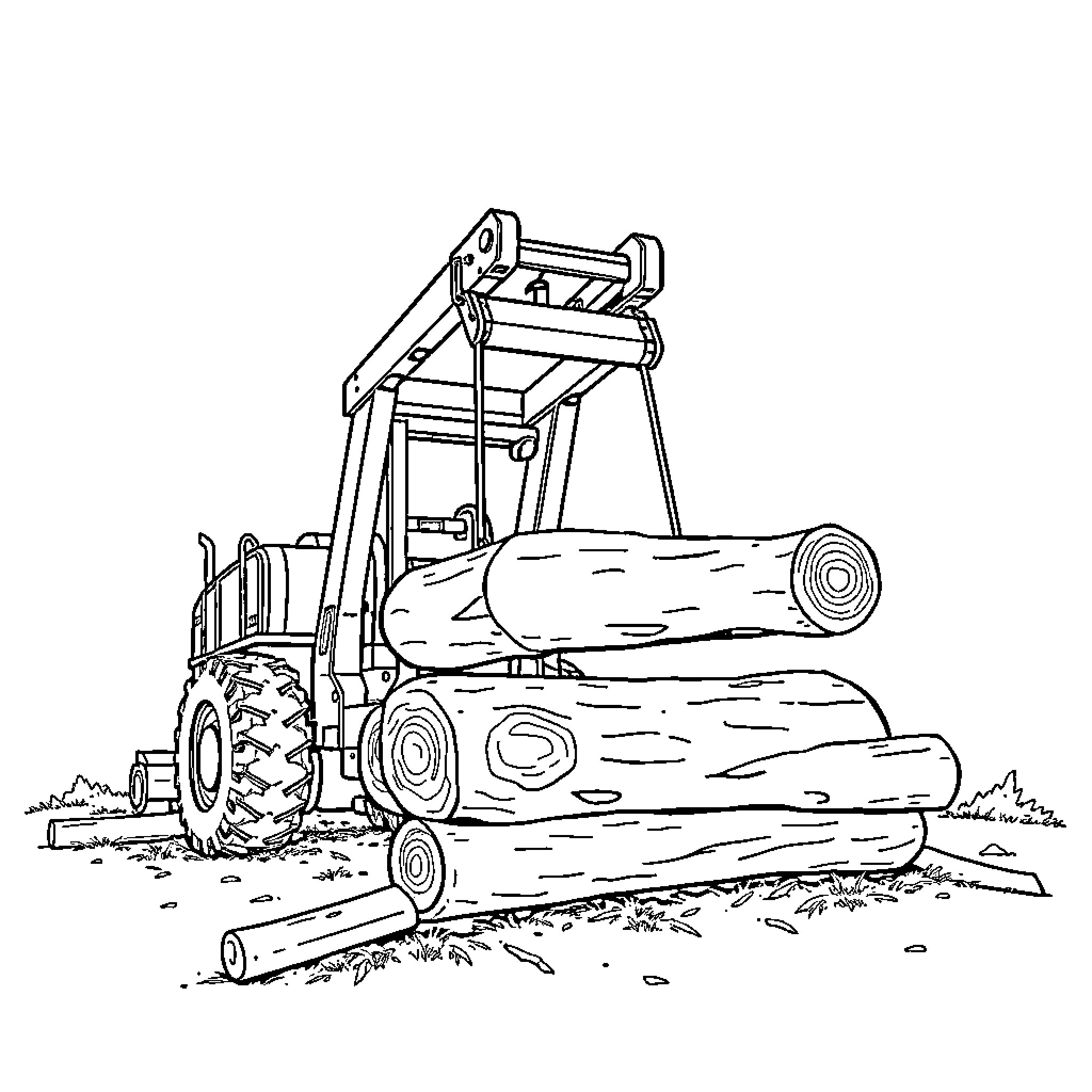 Loader moving timber logs in the outdoors Coloring Page (free black-and-white line drawing printable PDF for all, from beginners to advanced learners, including children, teens, adults, and seniors)