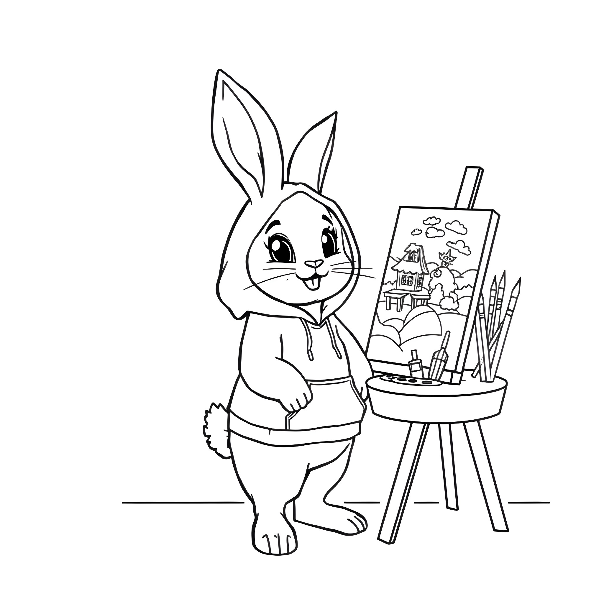 Bunny Artist Painting Colorful Landscape Coloring Page (free black-and-white line drawing printable PDF for all, from beginners to advanced learners, including children, teens, adults, and seniors)