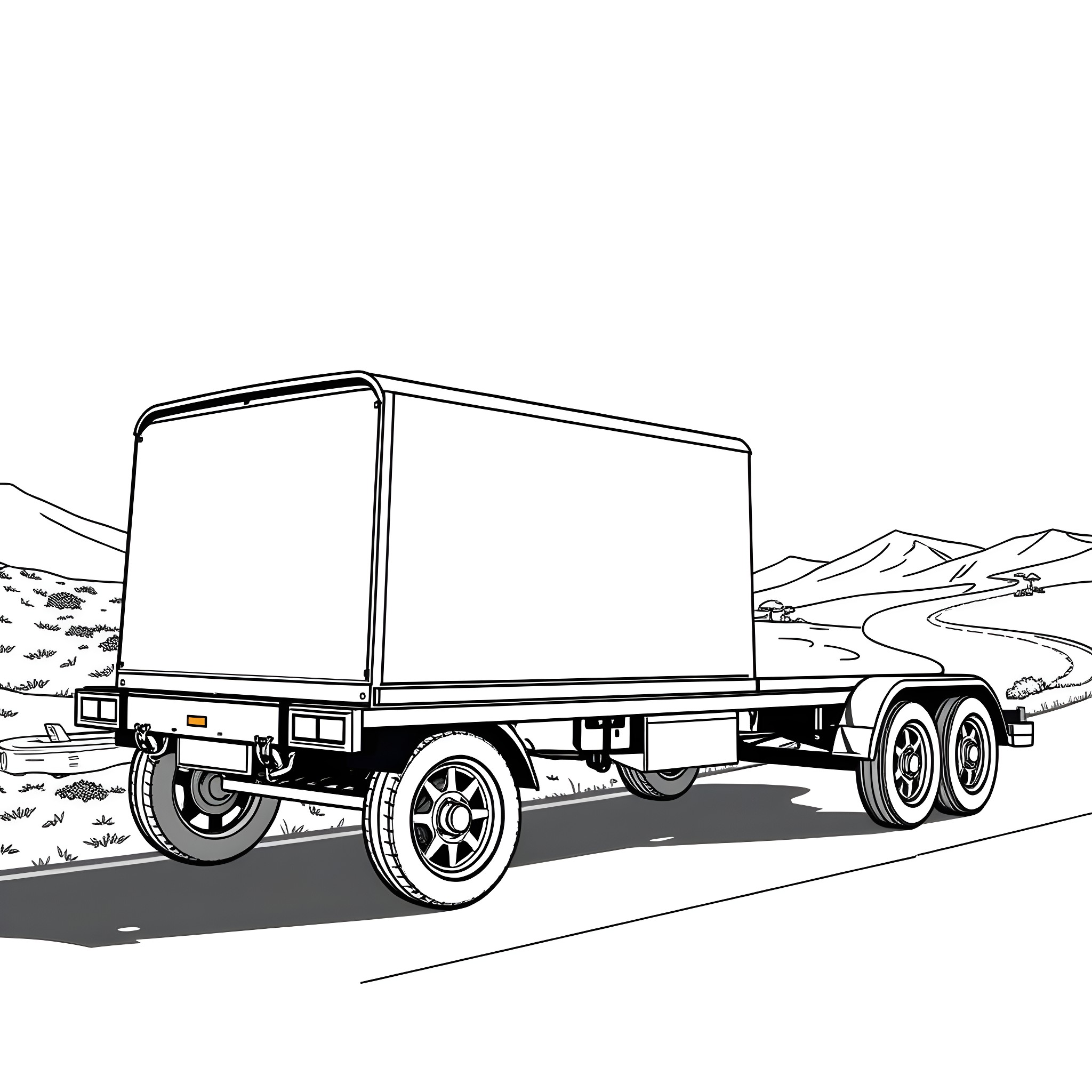 Car Trailer Transporting Goods on Highway Coloring Page (free black-and-white line drawing printable PDF for all, from beginners to advanced learners, including children, teens, adults, and seniors)