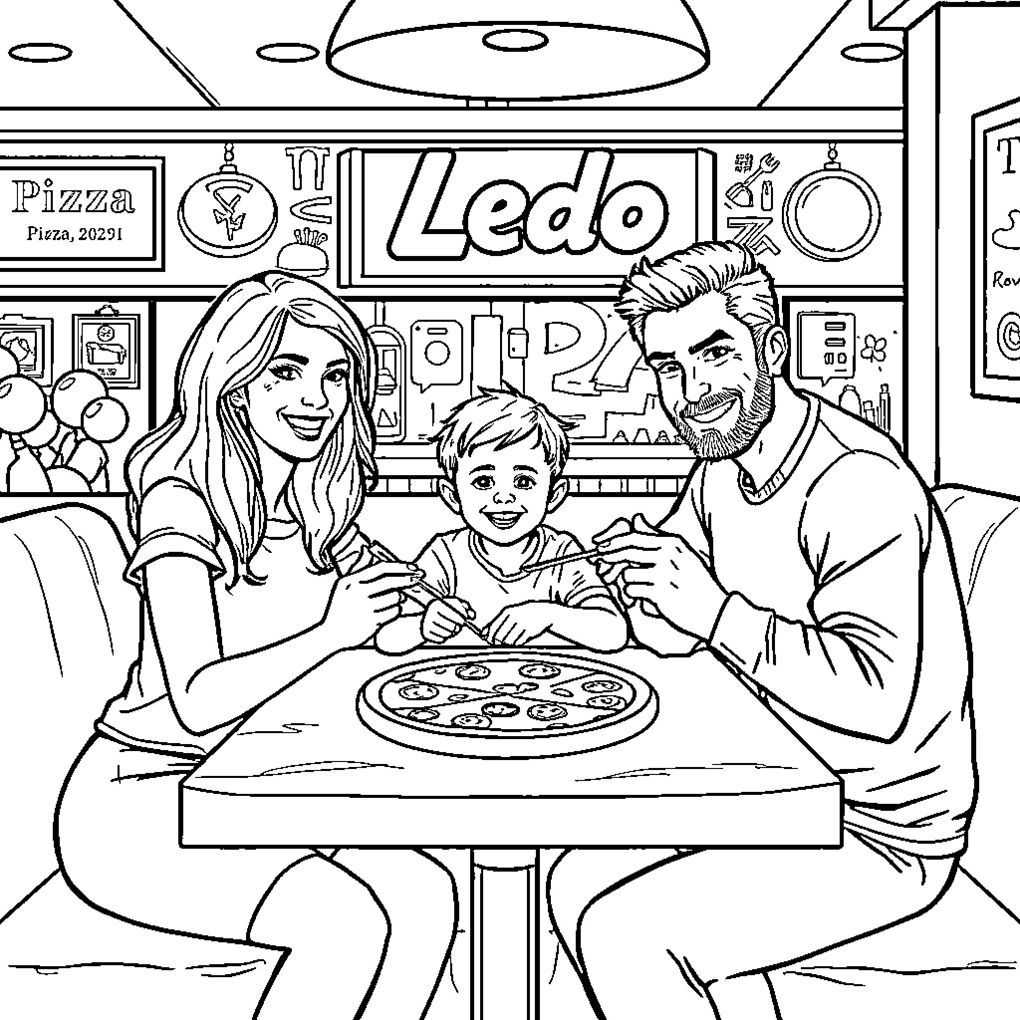 Family Enjoying Pizza Together at the Ledo Restaurant Coloring Page (free black-and-white line drawing printable PDF for all, from beginners to advanced learners, including children, teens, adults, and seniors)