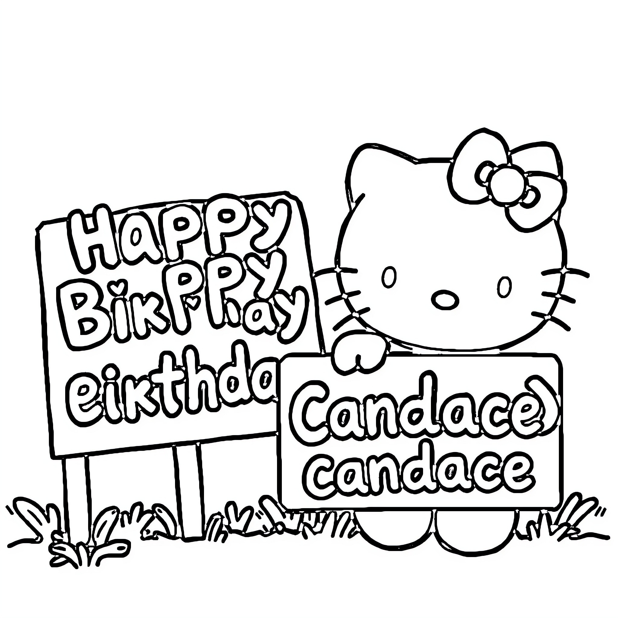 Hello Kitty celebrating a birthday with a sign Coloring Page (free black-and-white line drawing printable PDF for all, from beginners to advanced learners, including children, teens, adults, and seniors)