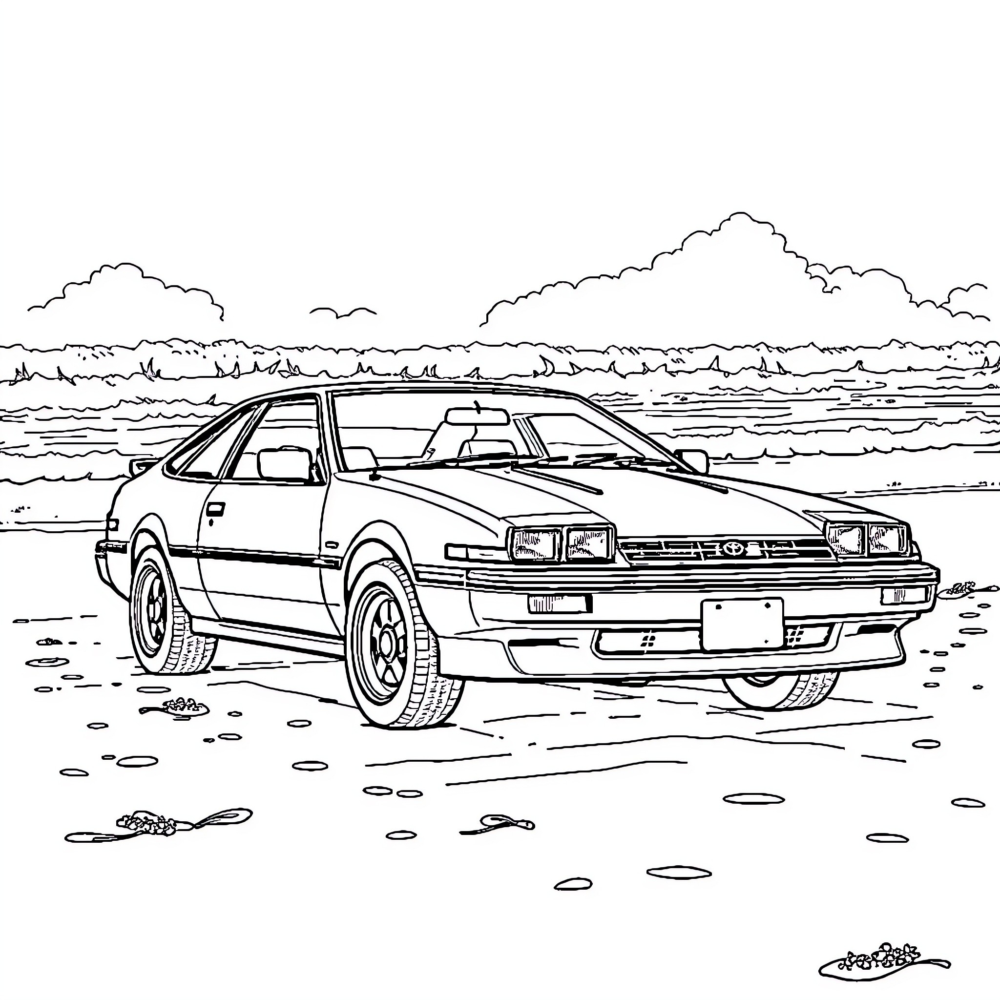 Toyota sports car on the beach Coloring Page (free black-and-white line drawing printable PDF for all, from beginners to advanced learners, including children, teens, adults, and seniors)