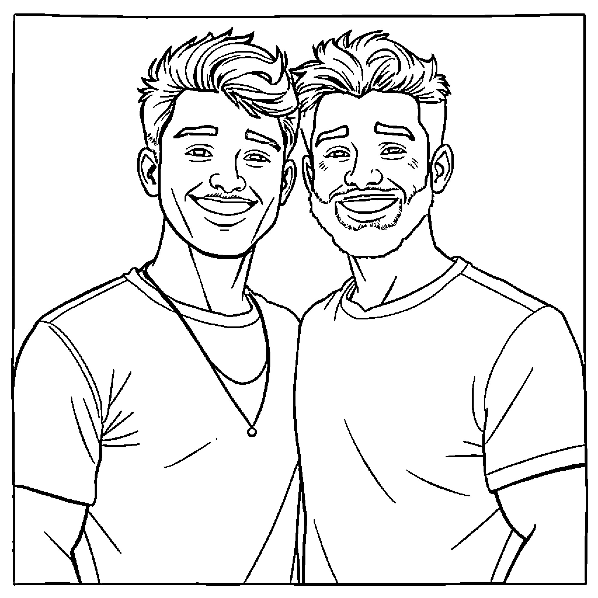 ALI Smiling Friends in Casual Outfits Coloring Page (free black-and-white line drawing printable PDF for all, from beginners to advanced learners, including children, teens, adults, and seniors)