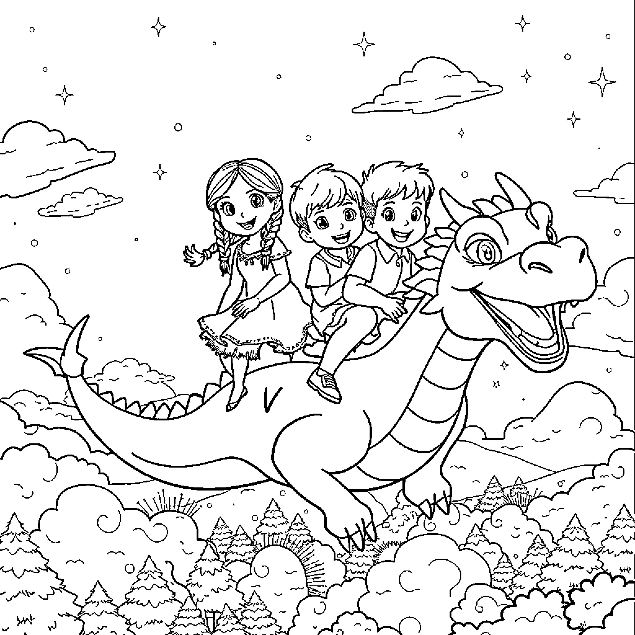 Dragon Riders Soaring Through the Starry Night Sky Coloring Page (free black-and-white line drawing printable PDF for all, from beginners to advanced learners, including children, teens, adults, and seniors)
