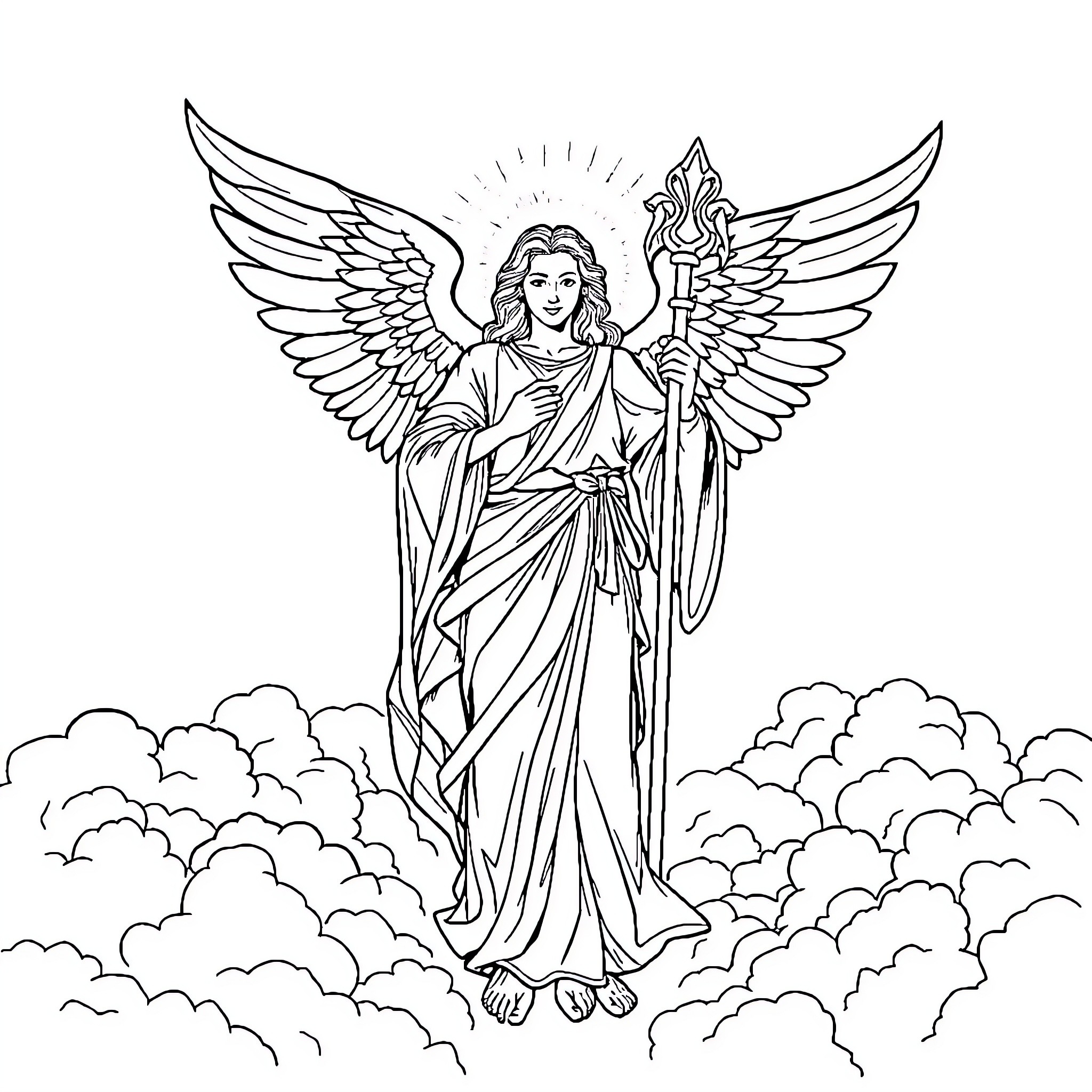 Archangel ascending with celestial staff and wings Coloring Page (free black-and-white line drawing printable PDF for all, from beginners to advanced learners, including children, teens, adults, and seniors)