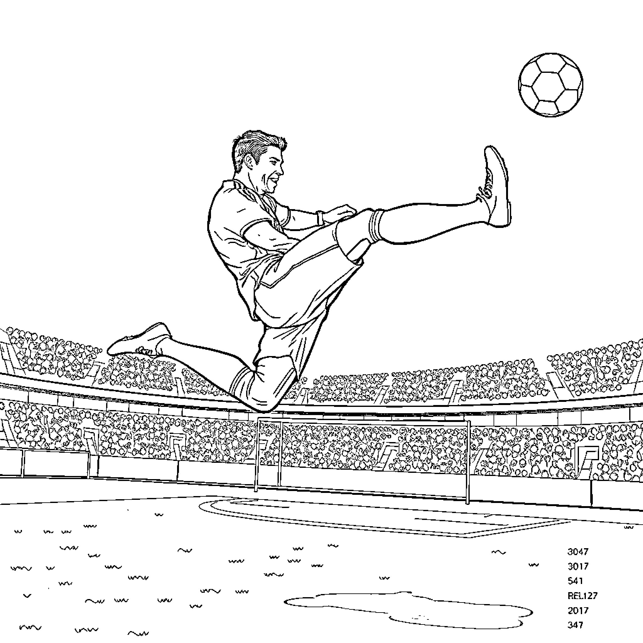 Cristiano Ronaldo performs acrobatic kick on soccer pitch Coloring Page (free black-and-white line drawing printable PDF for all, from beginners to advanced learners, including children, teens, adults, and seniors)