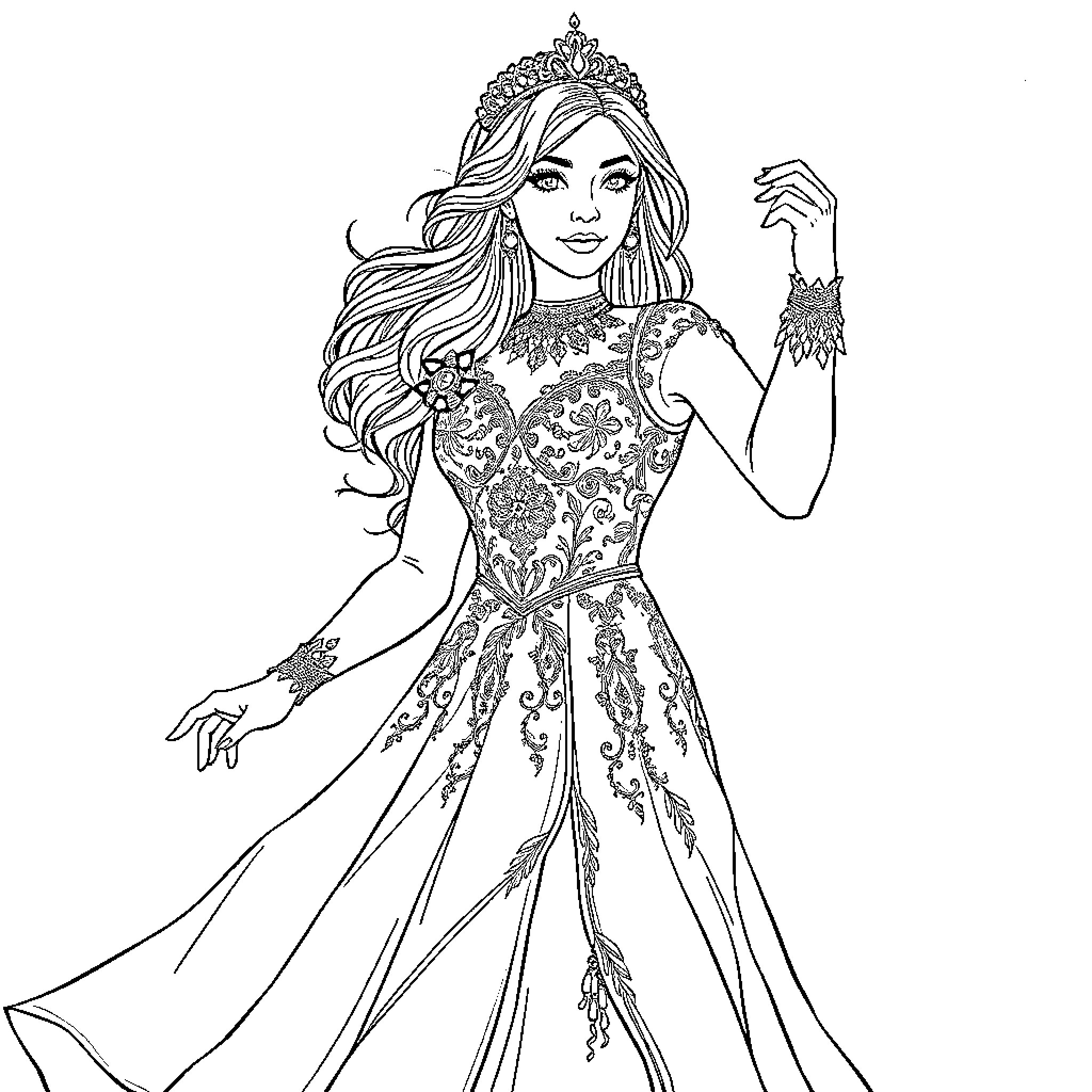 Asuka, the Regal Princess in Elegant Attire Coloring Page (free black-and-white line drawing printable PDF for all, from beginners to advanced learners, including children, teens, adults, and seniors)