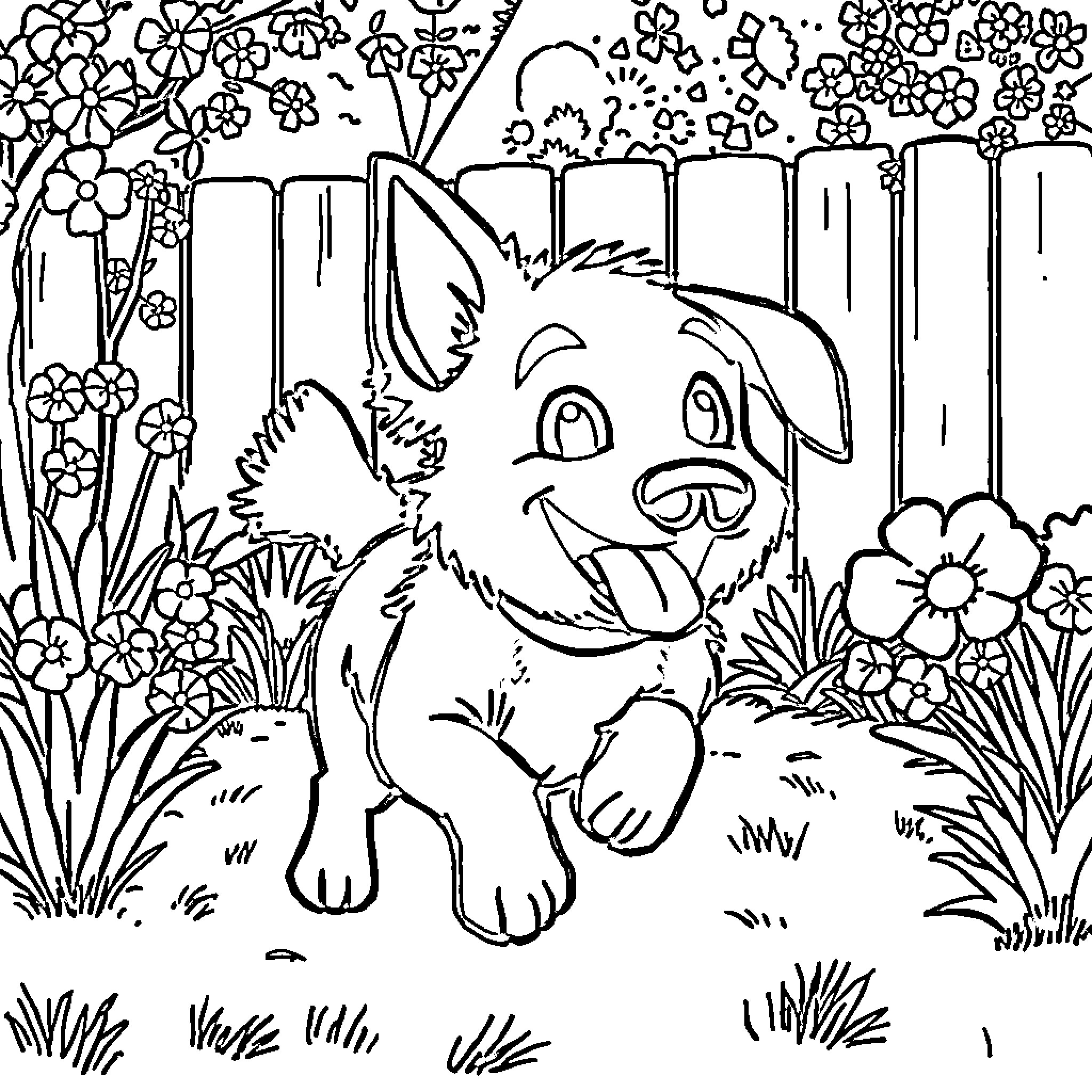 Bluey's Playful Adventure in the Floral Garden Coloring Page (free black-and-white line drawing printable PDF for all, from beginners to advanced learners, including children, teens, adults, and seniors)