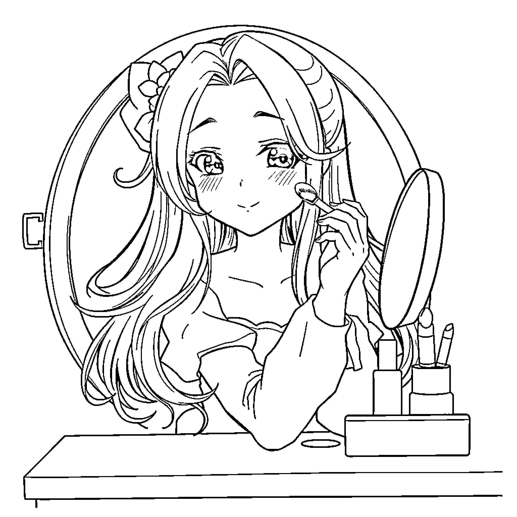 Hinata applying makeup with a smile Coloring Page (free black-and-white line drawing printable PDF for all, from beginners to advanced learners, including children, teens, adults, and seniors)