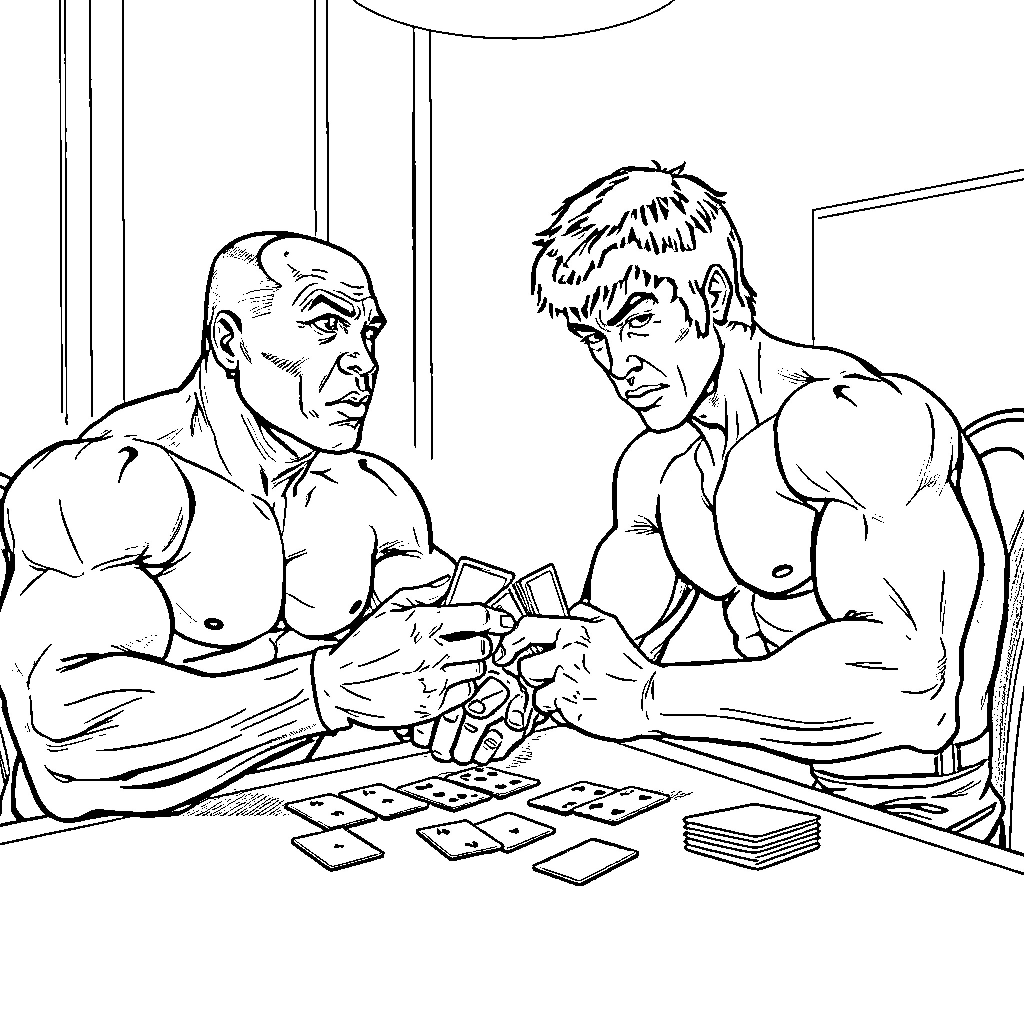 Mike Tyson and opponent playing cards in the ring Coloring Page (free black-and-white line drawing printable PDF for all, from beginners to advanced learners, including children, teens, adults, and seniors)