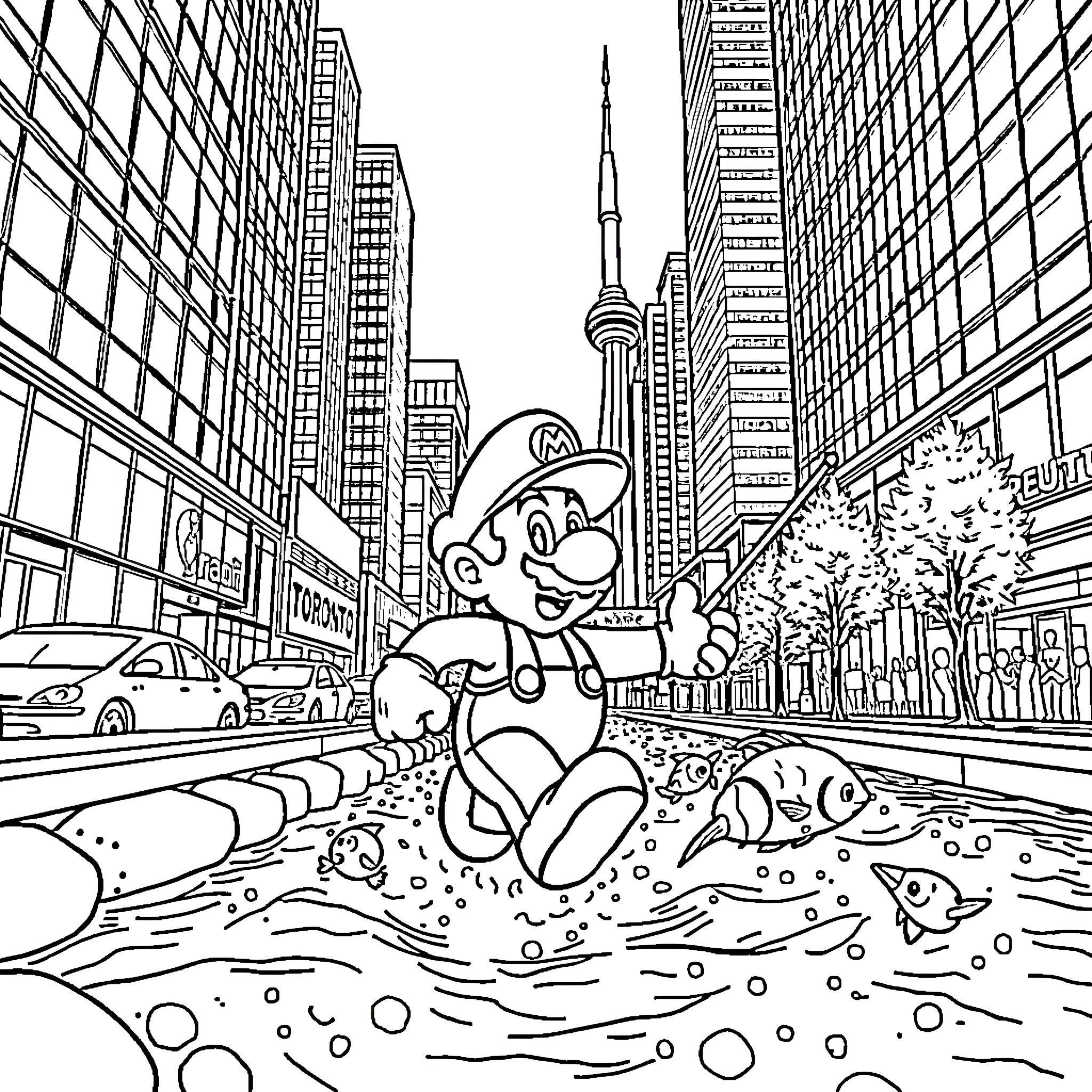 Mario exploring the bustling cityscape Coloring Page (free black-and-white line drawing printable PDF for all, from beginners to advanced learners, including children, teens, adults, and seniors)